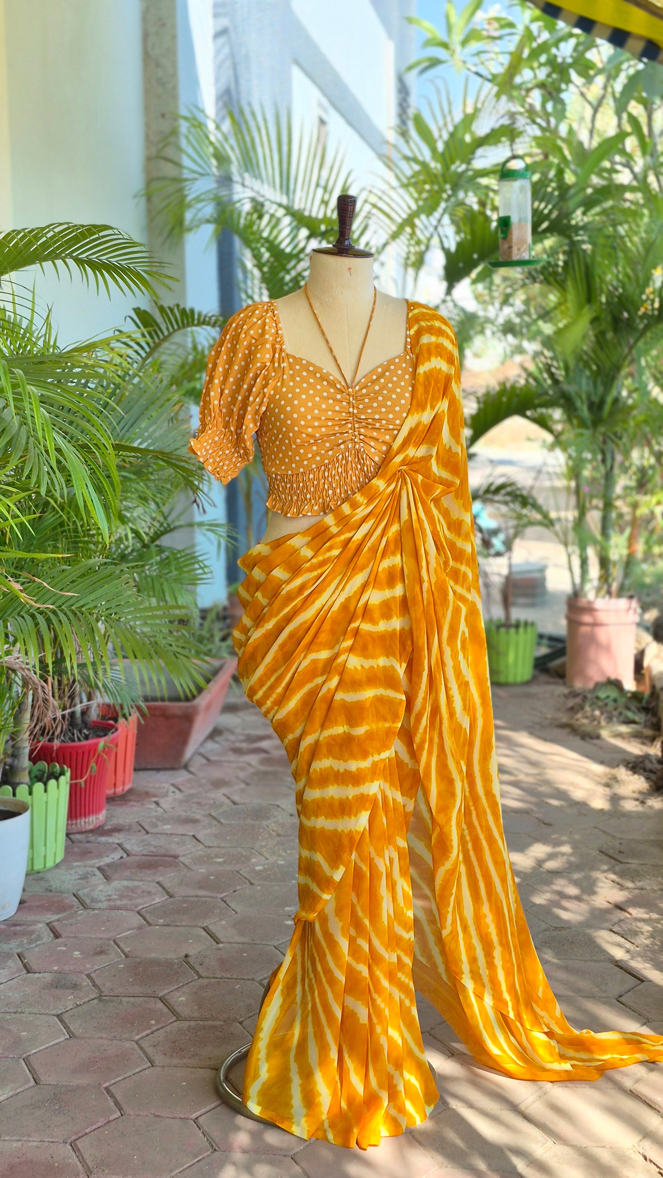 Yellow Polka Dots Puffed Sleeves Smocking Top & Yellow Leheriya Saree - SA01679