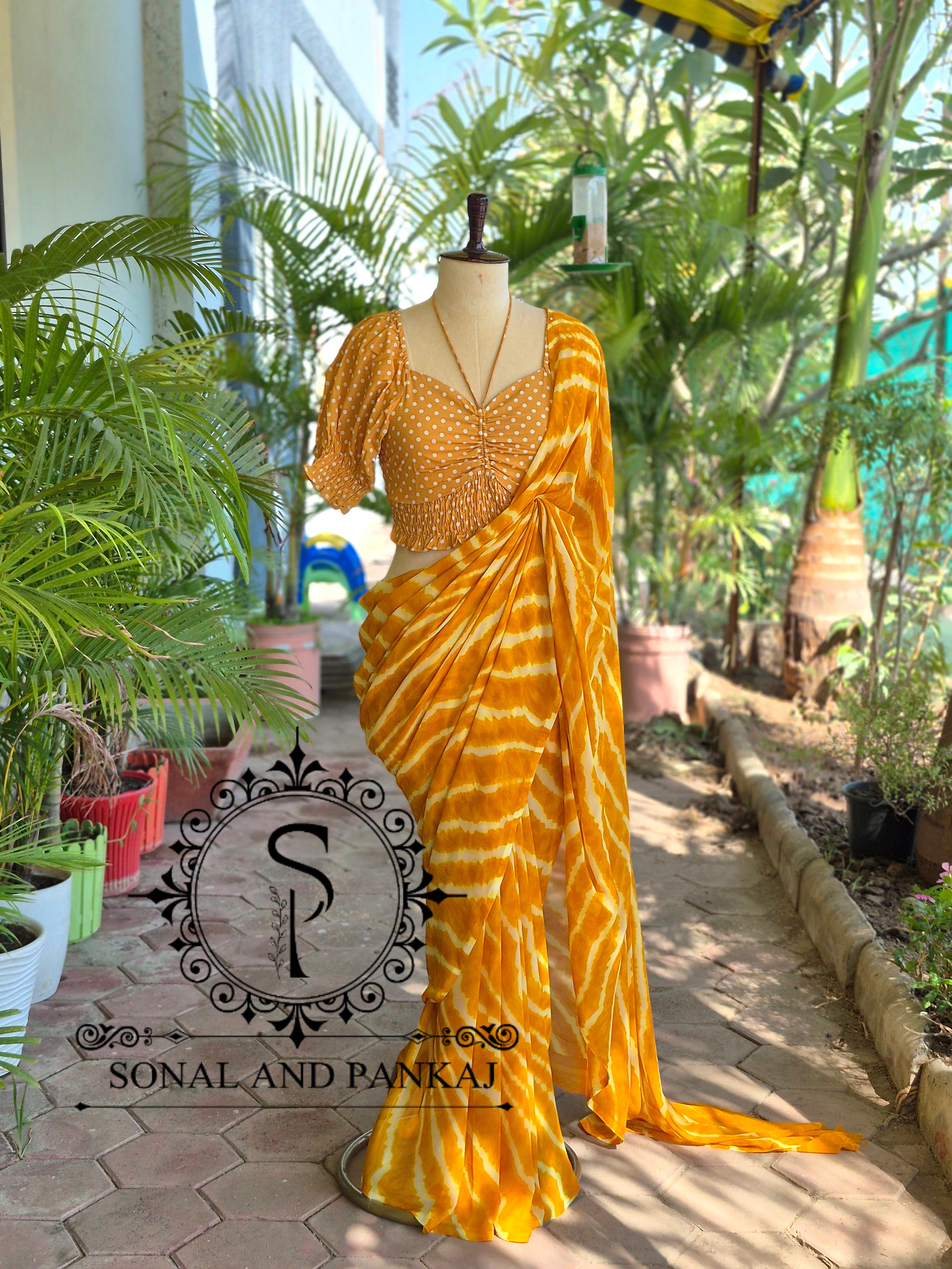 Yellow Polka Dots Puffed Sleeves Smocking Top & Yellow Leheriya Saree - SA01679