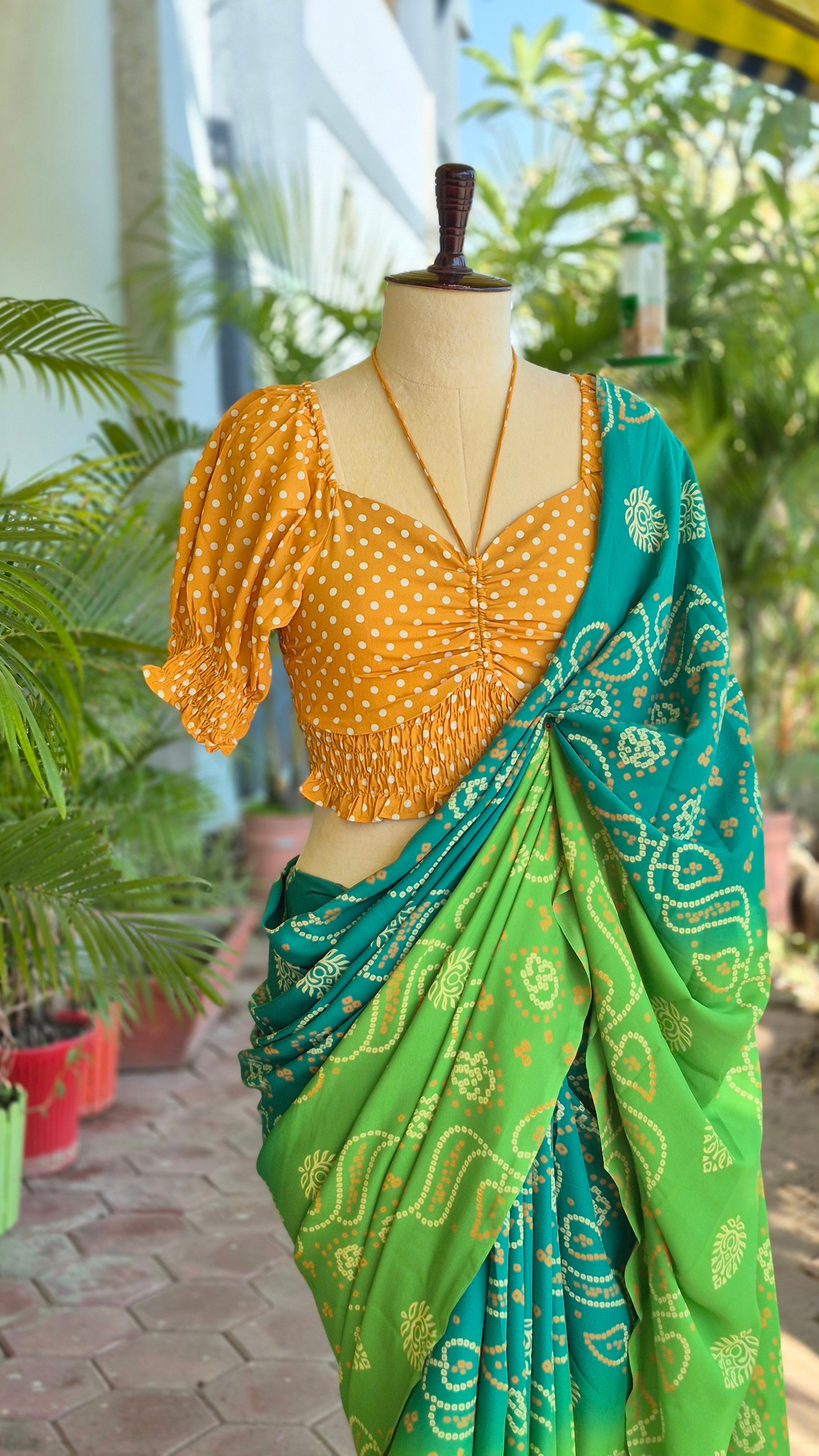 Yellow Polka Dots Puffed Sleeves Smocking Top & Shaded Green Bandhani Saree - SA01674