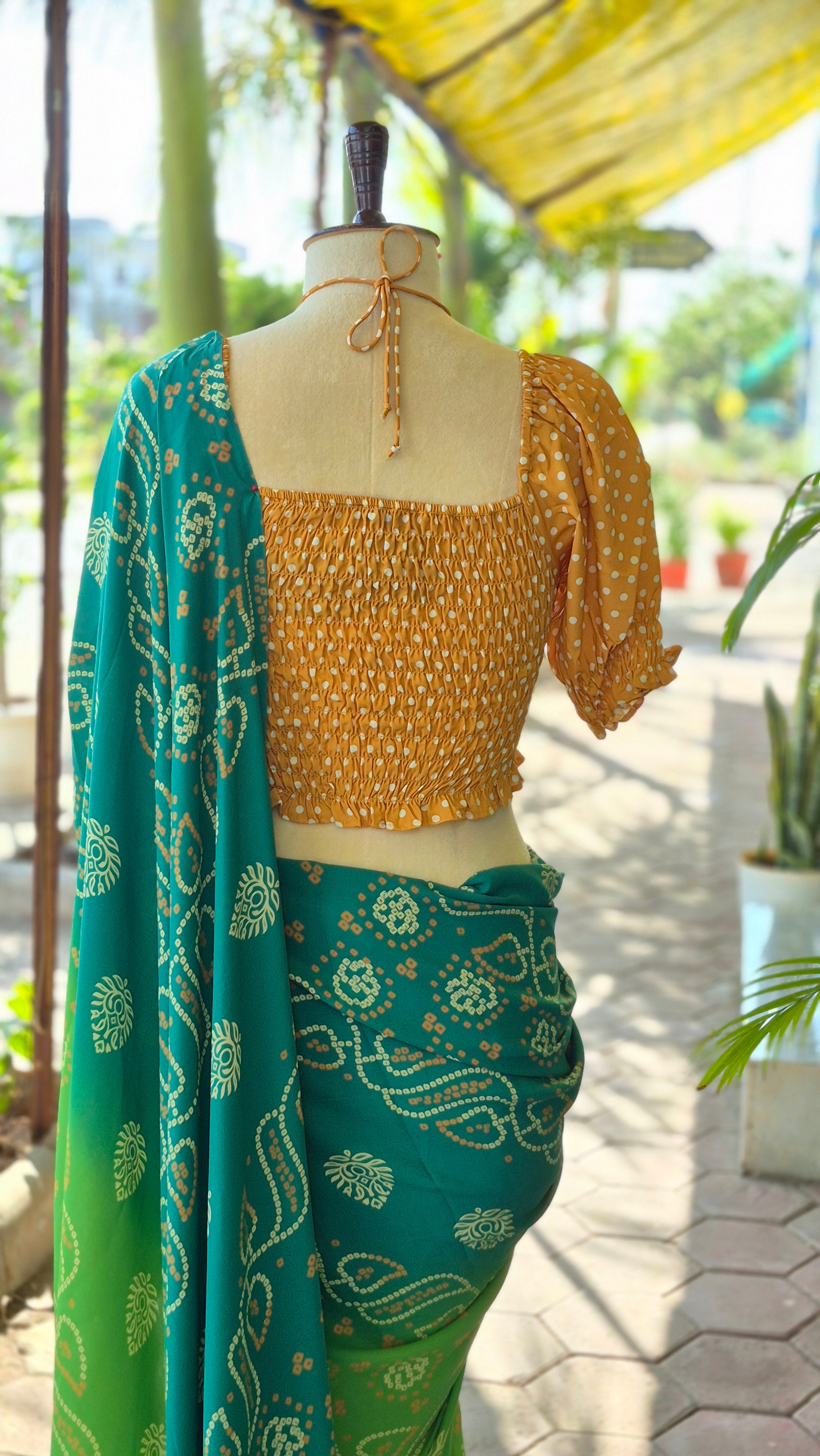 Yellow Polka Dots Puffed Sleeves Smocking Top & Shaded Green Bandhani Saree - SA01674