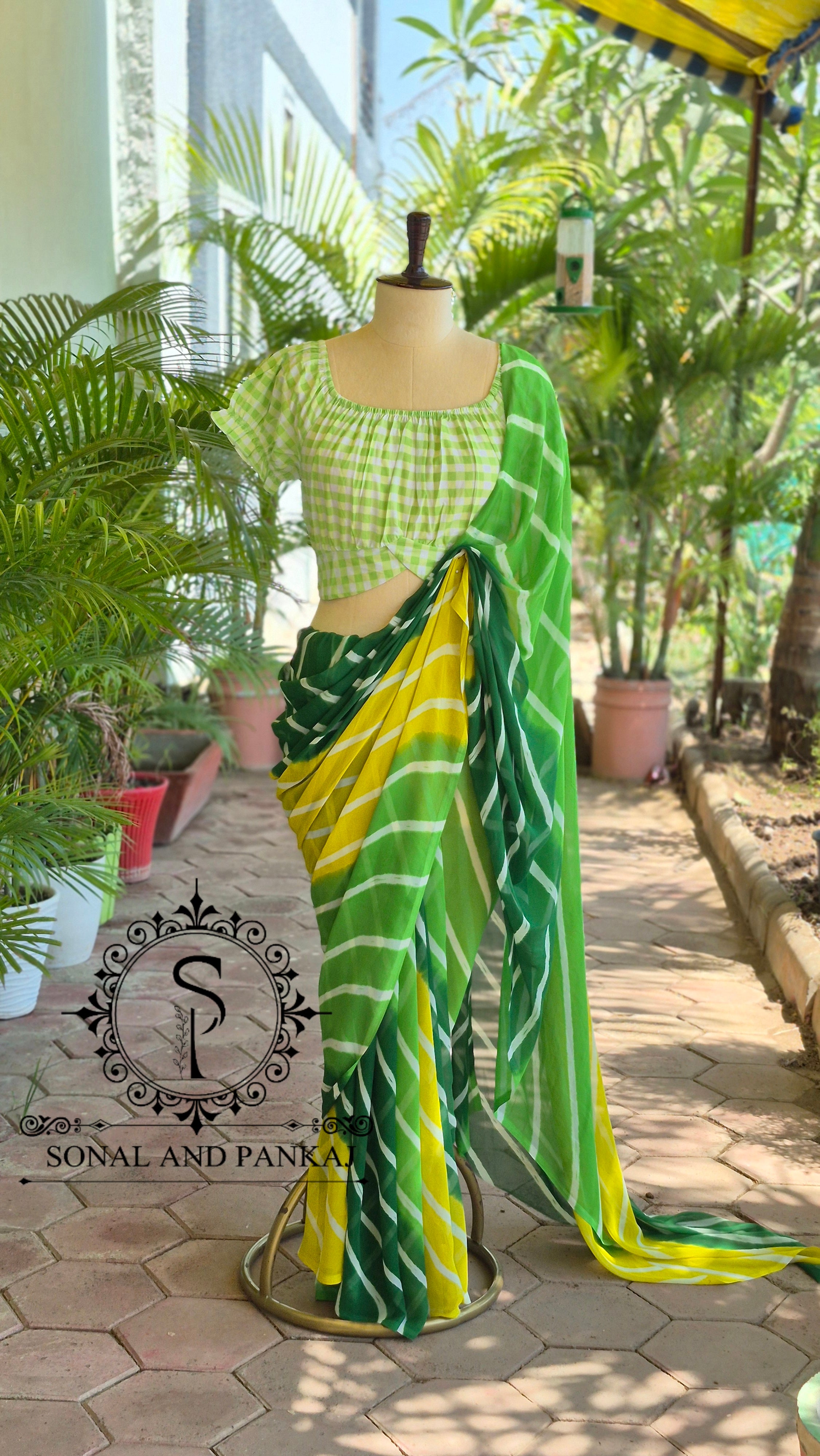 Green Checkered Top & Shaded Green Leheriya Saree - SA01646