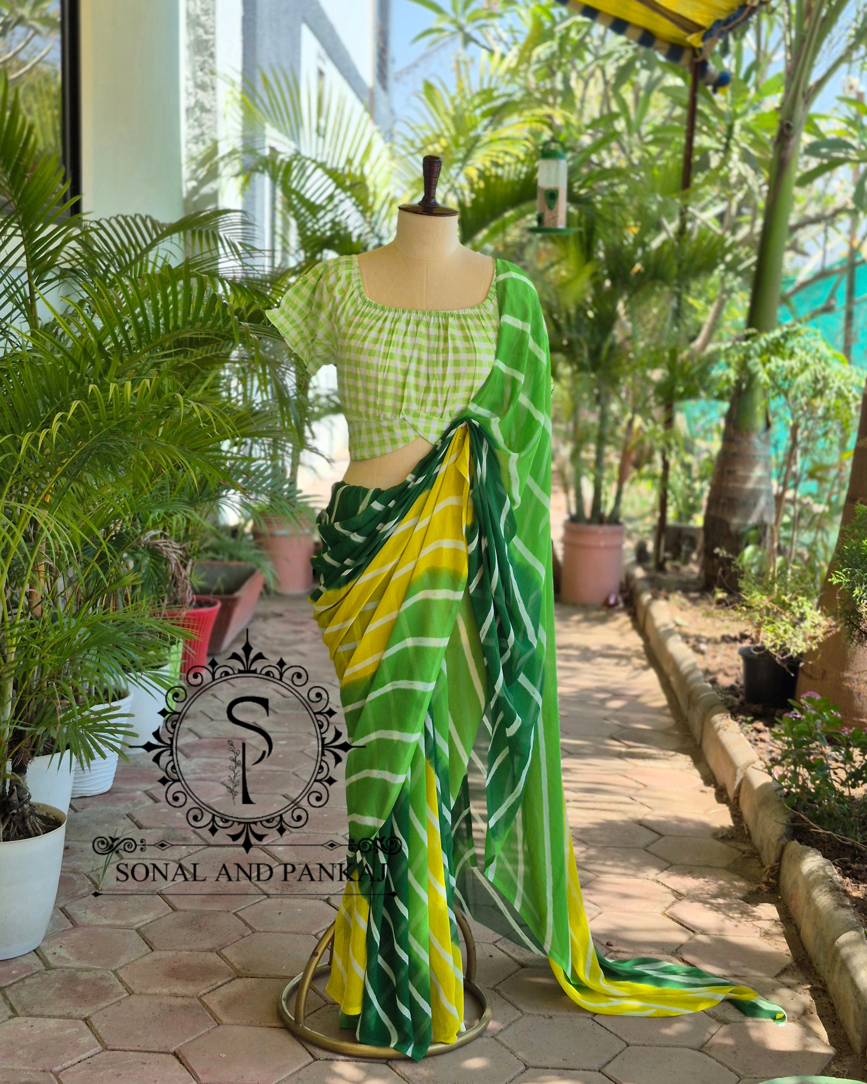 Green Checkered Top & Shaded Green Leheriya Saree - SA01646