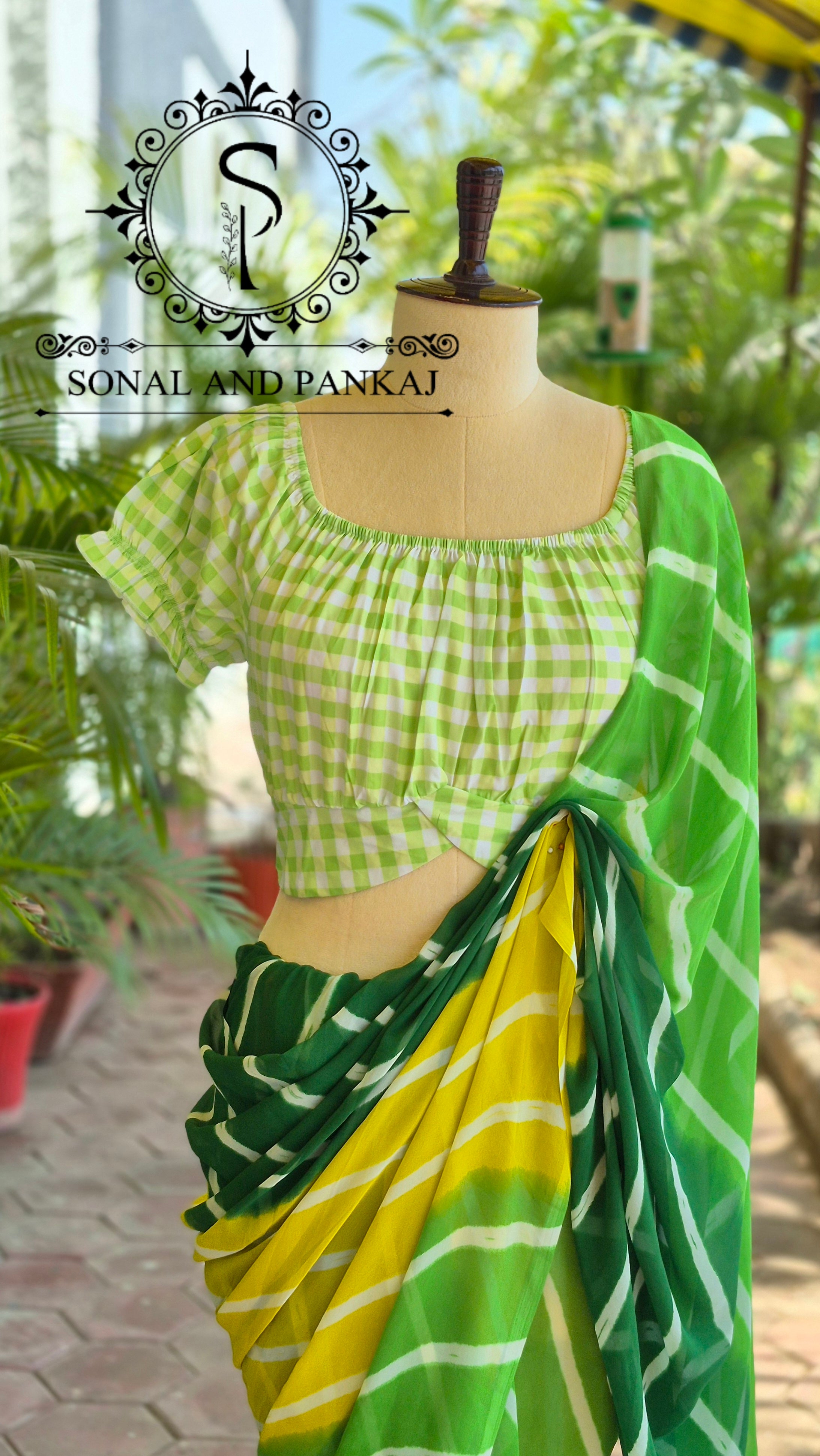 Green Checkered Top & Shaded Green Leheriya Saree - SA01646