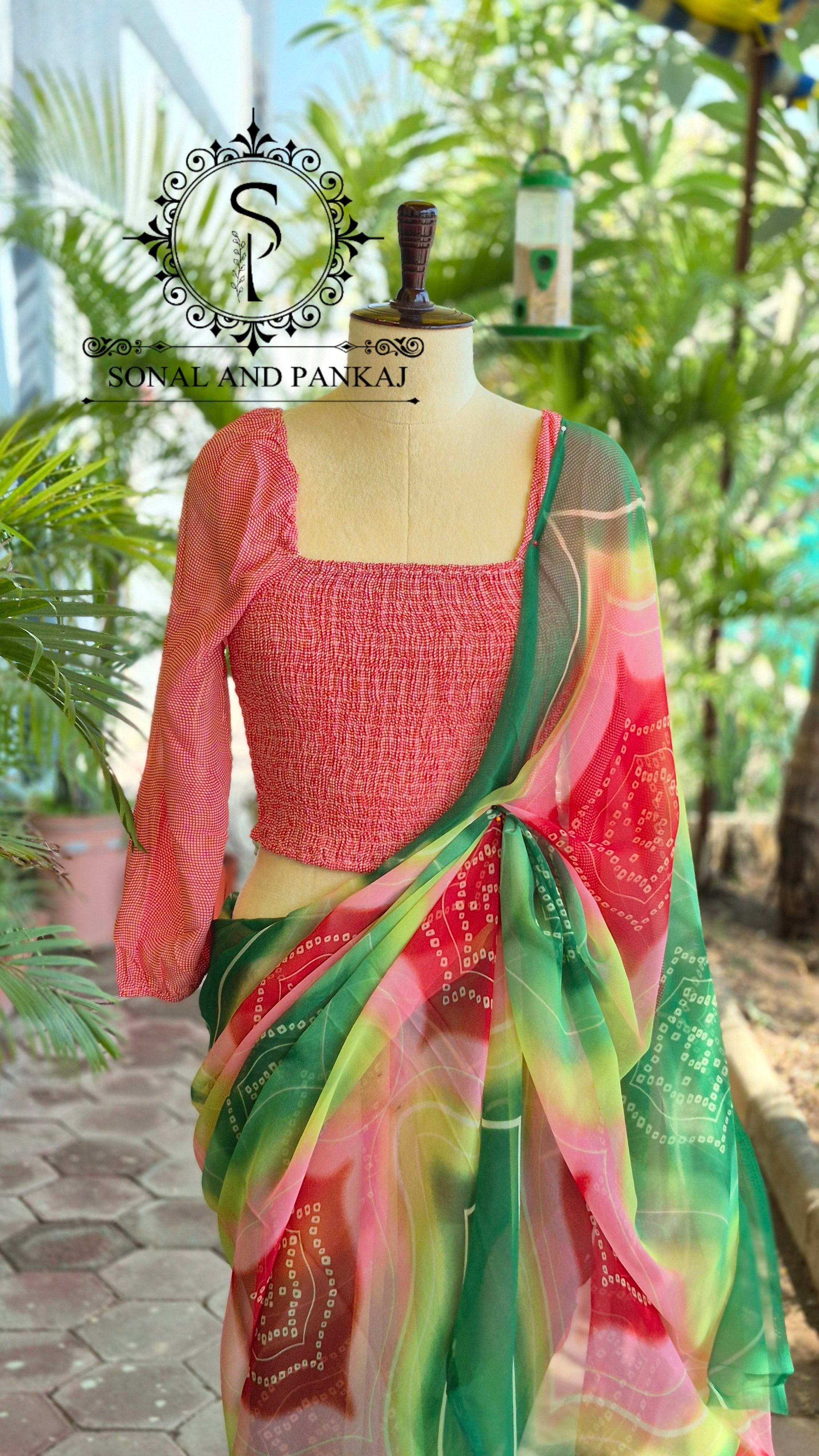 Peach Smocking Top & Multicolor Bandhani Print Saree - SA01649 (Green)
