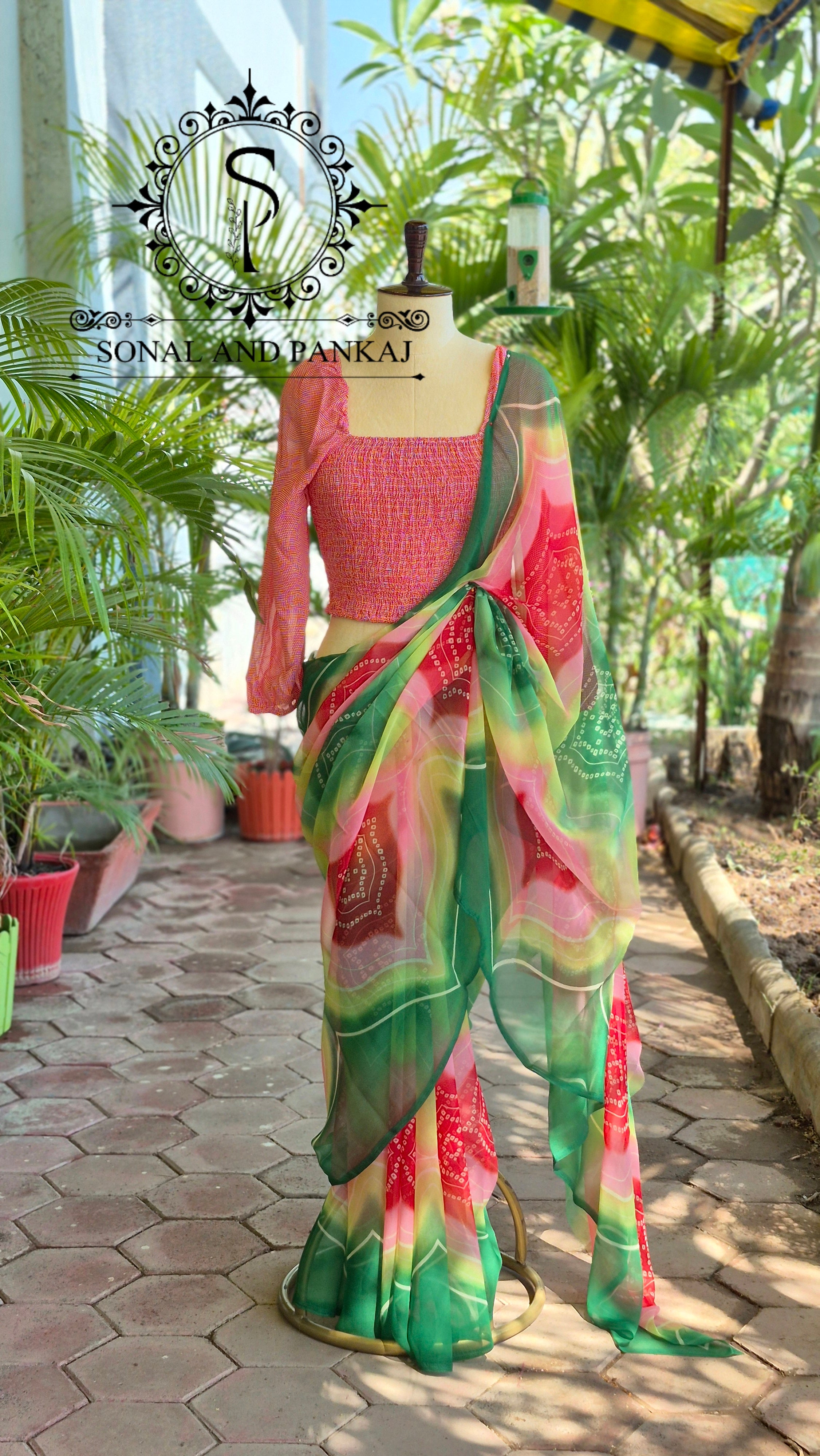 Peach Smocking Top & Multicolor Bandhani Print Saree - SA01649 (Green)