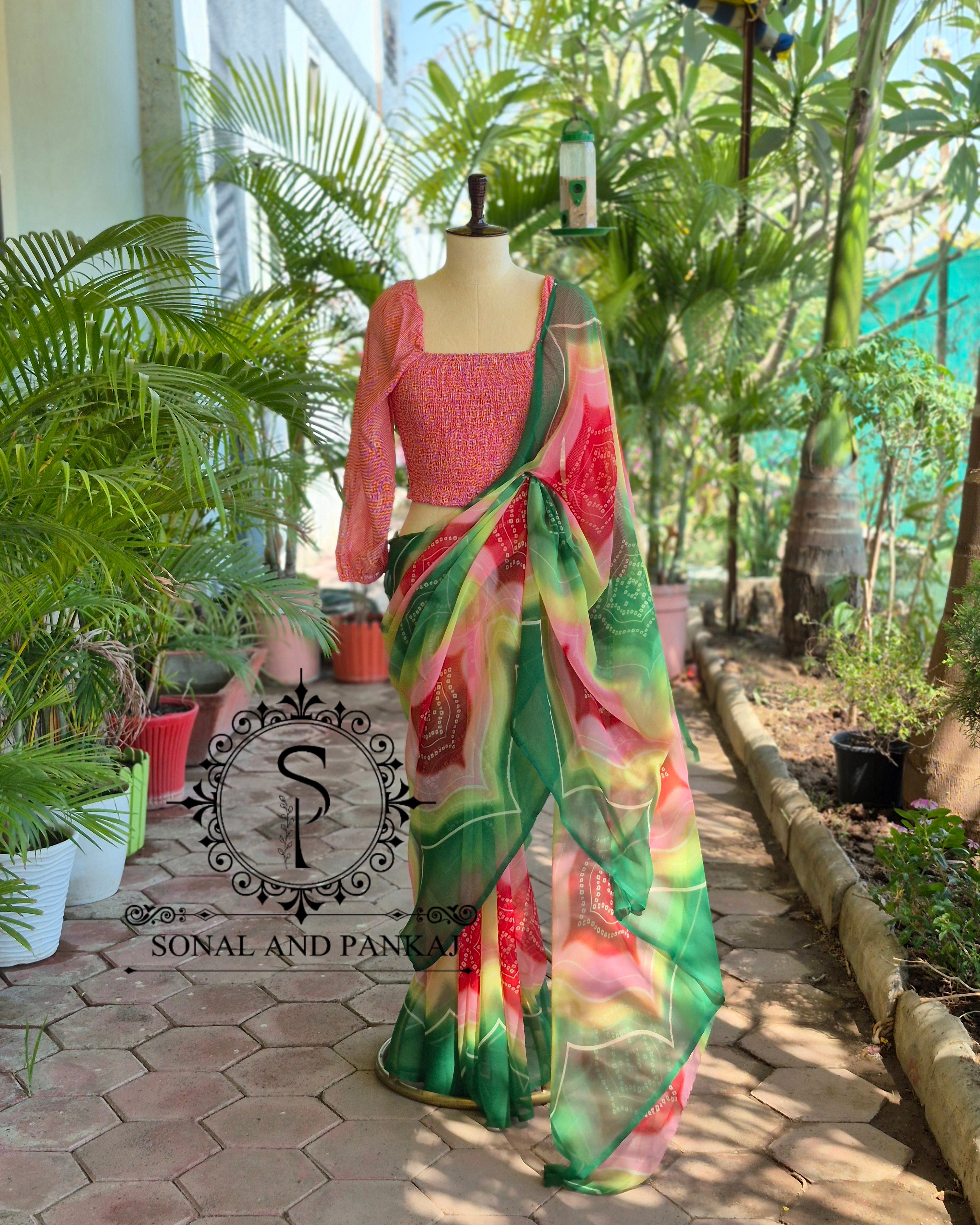 Peach Smocking Top & Multicolor Bandhani Print Saree - SA01649 (Green)