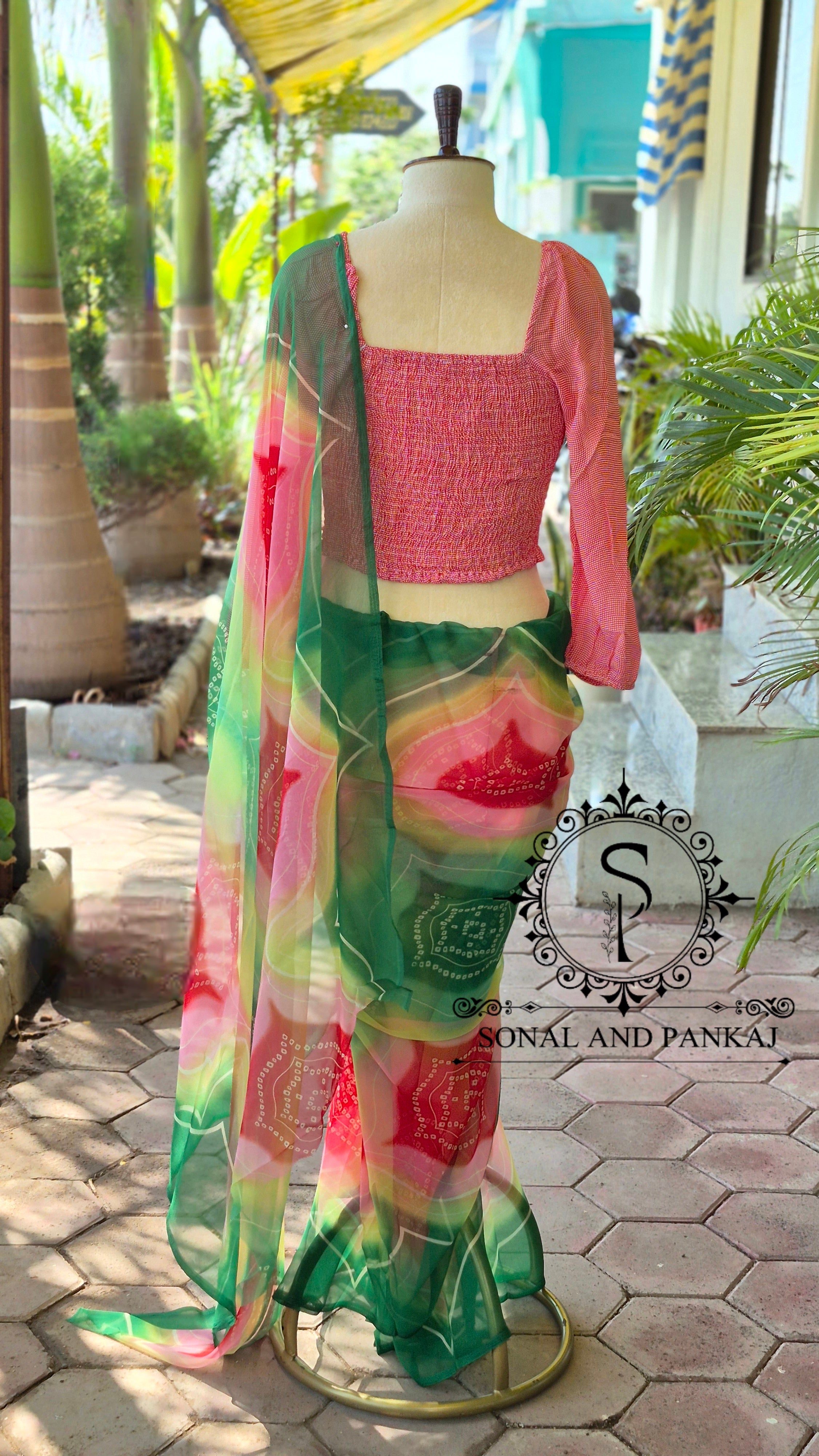 Peach Smocking Top & Multicolor Bandhani Print Saree - SA01649 (Green)