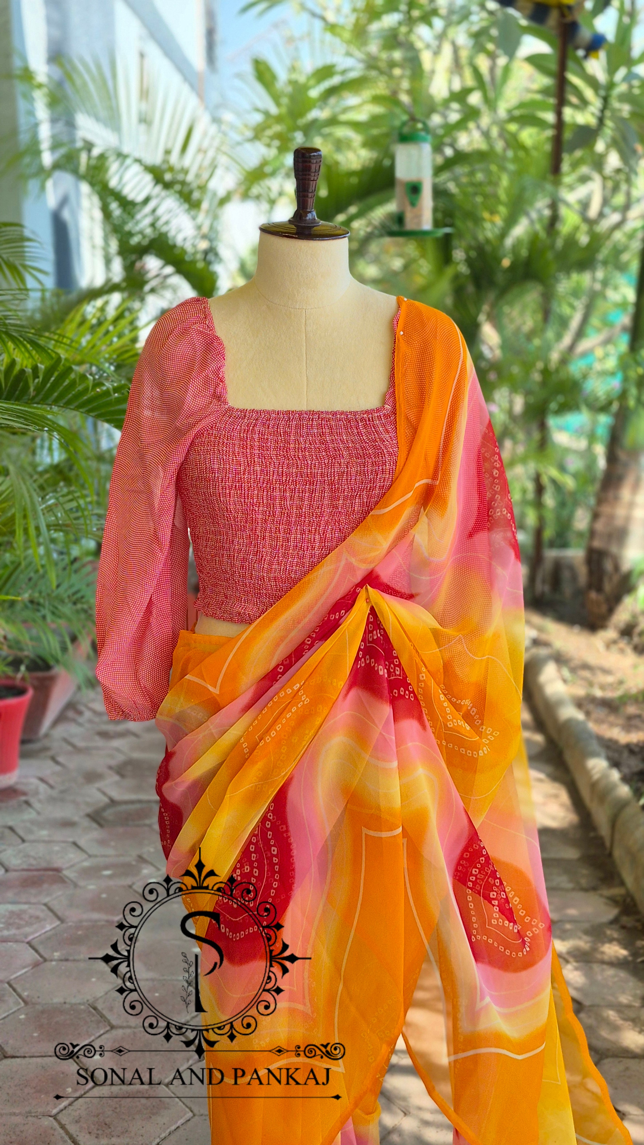 Peach Smocking Top & Multicolor Bandhani Print Saree - SA01650 (Turmeric Yellow)