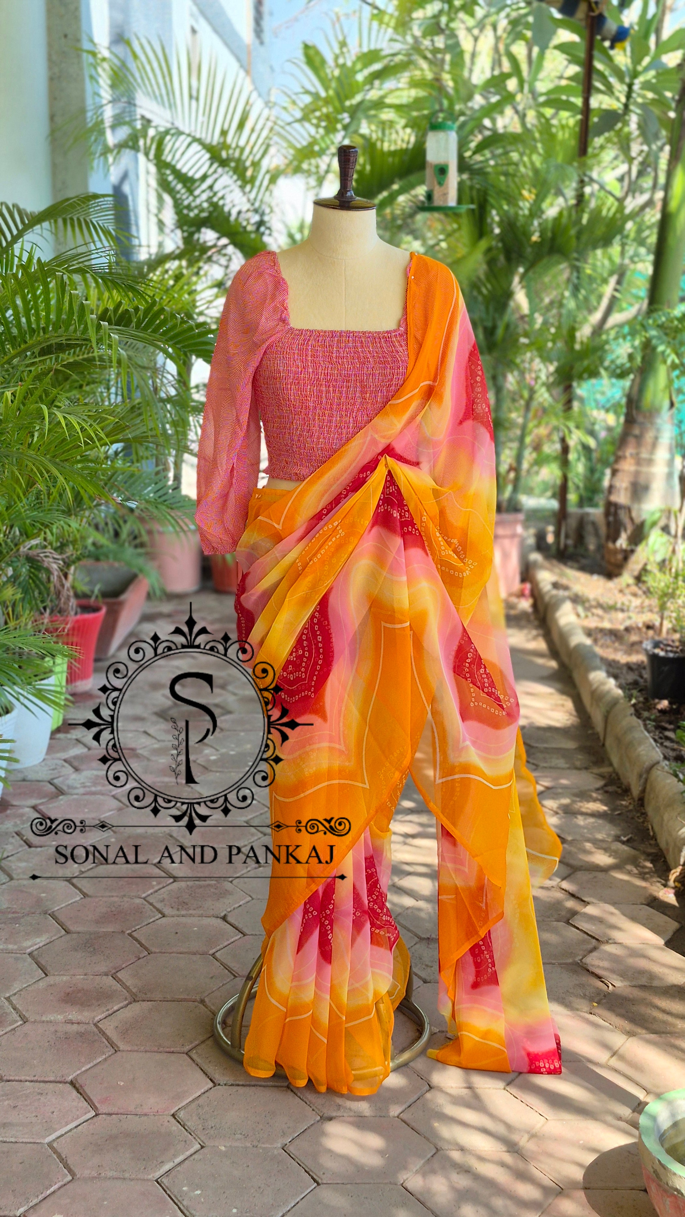 Peach Smocking Top & Multicolor Bandhani Print Saree - SA01650 (Turmeric Yellow)
