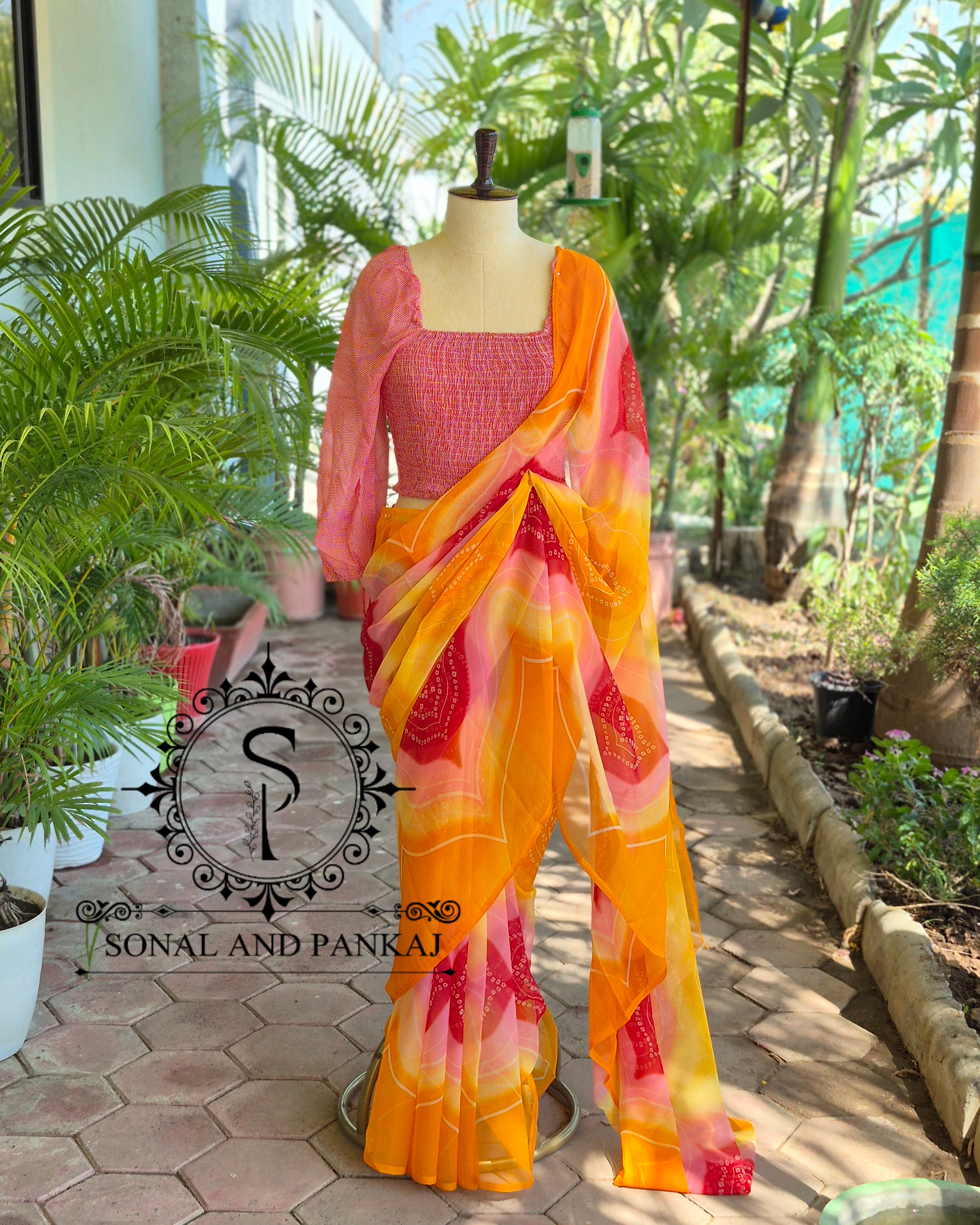 Peach Smocking Top & Multicolor Bandhani Print Saree - SA01650 (Turmeric Yellow)