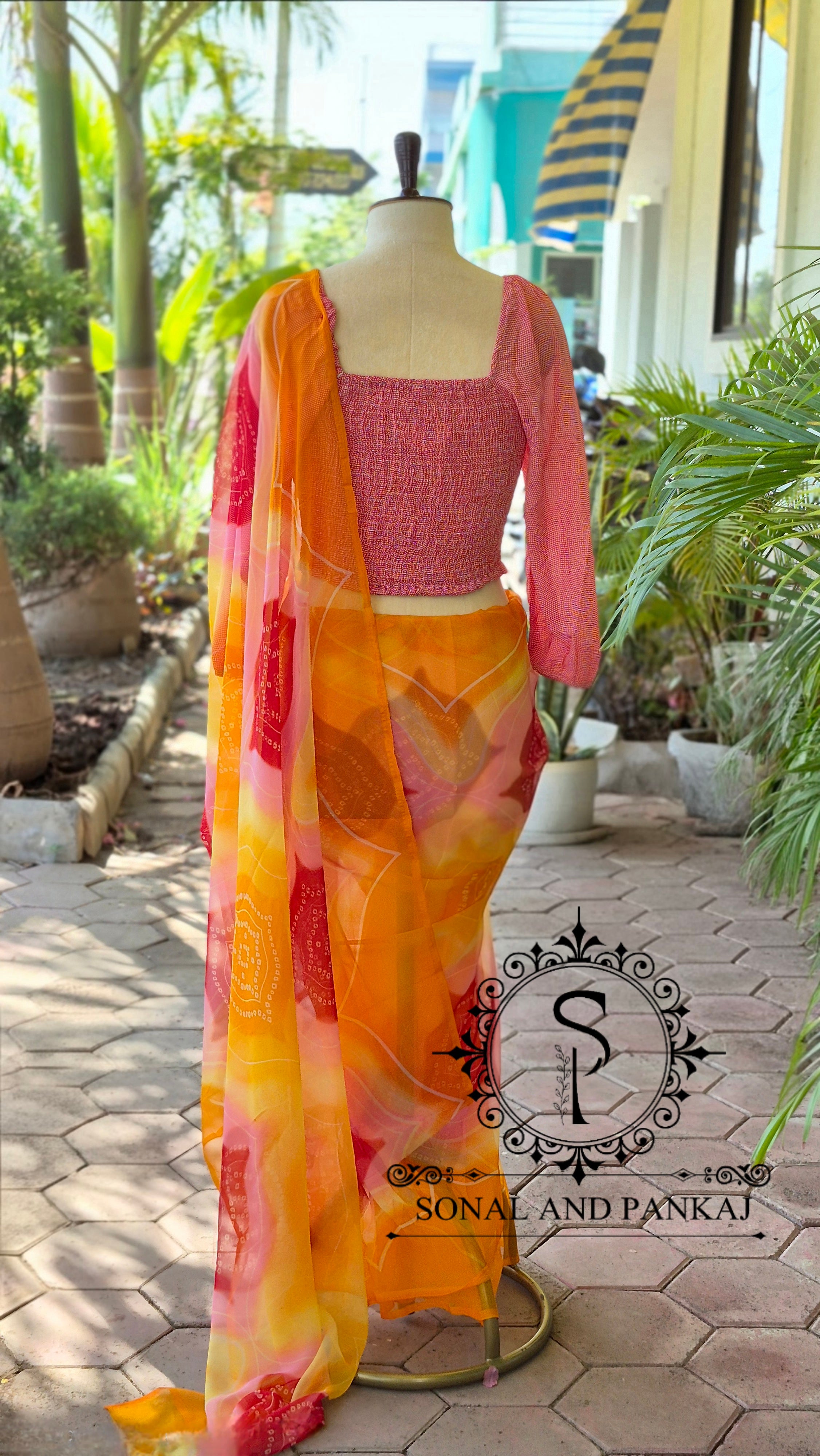 Peach Smocking Top & Multicolor Bandhani Print Saree - SA01650 (Turmeric Yellow)