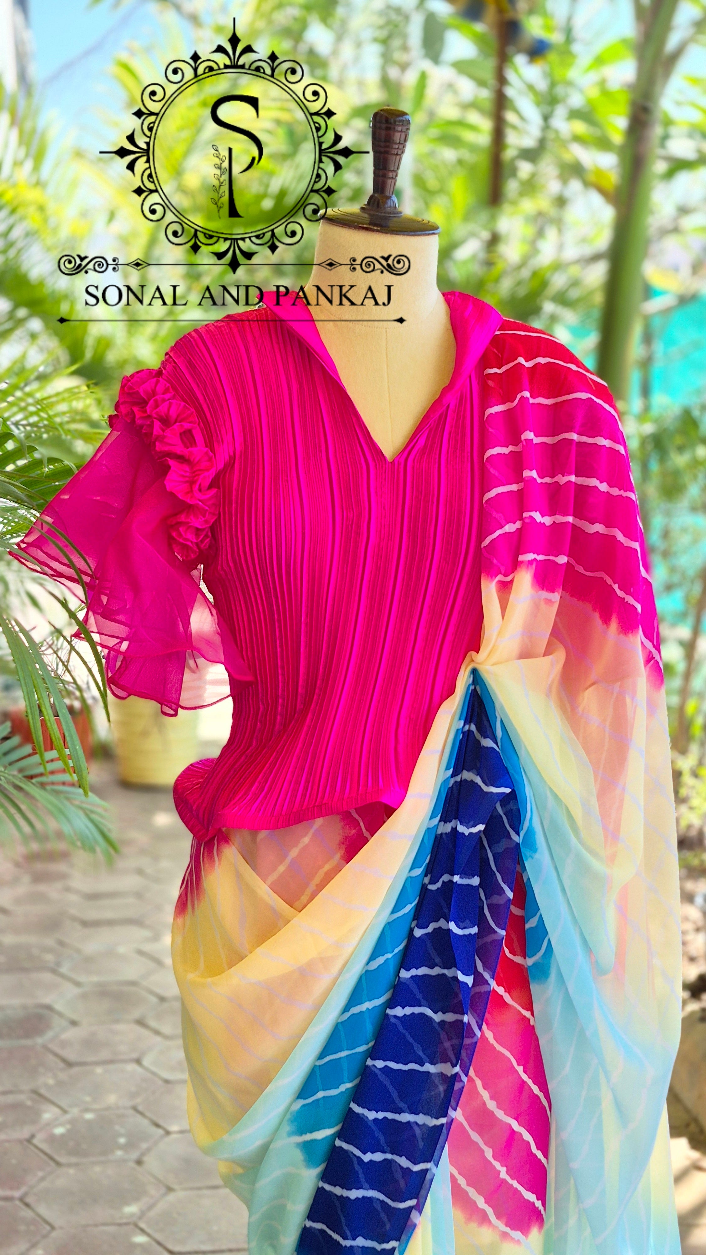 Pleated Rose Stretchable Top With Multicolor Leheriya Print Saree - SA01652