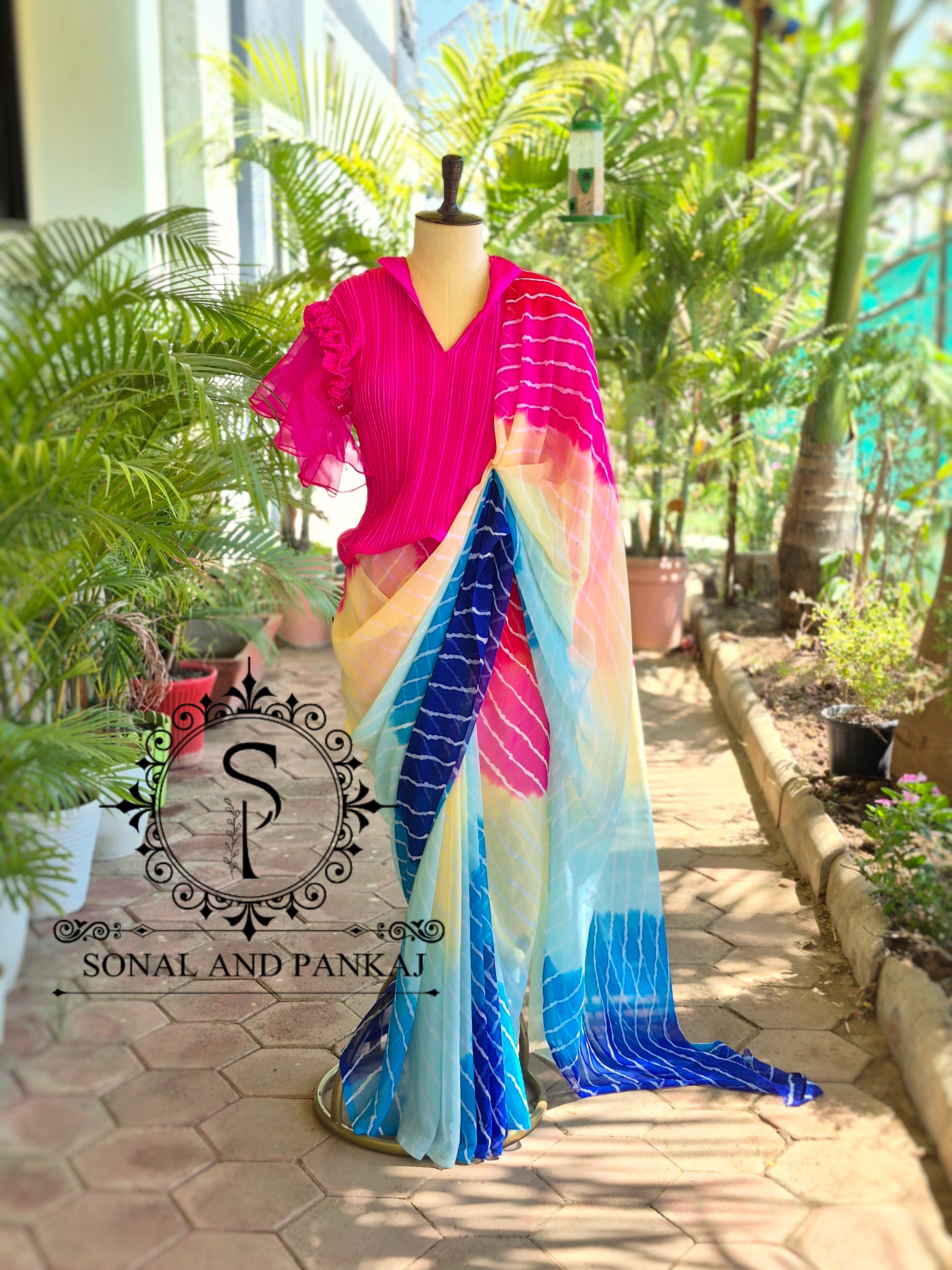 Pleated Rose Stretchable Top With Multicolor Leheriya Print Saree - SA01652