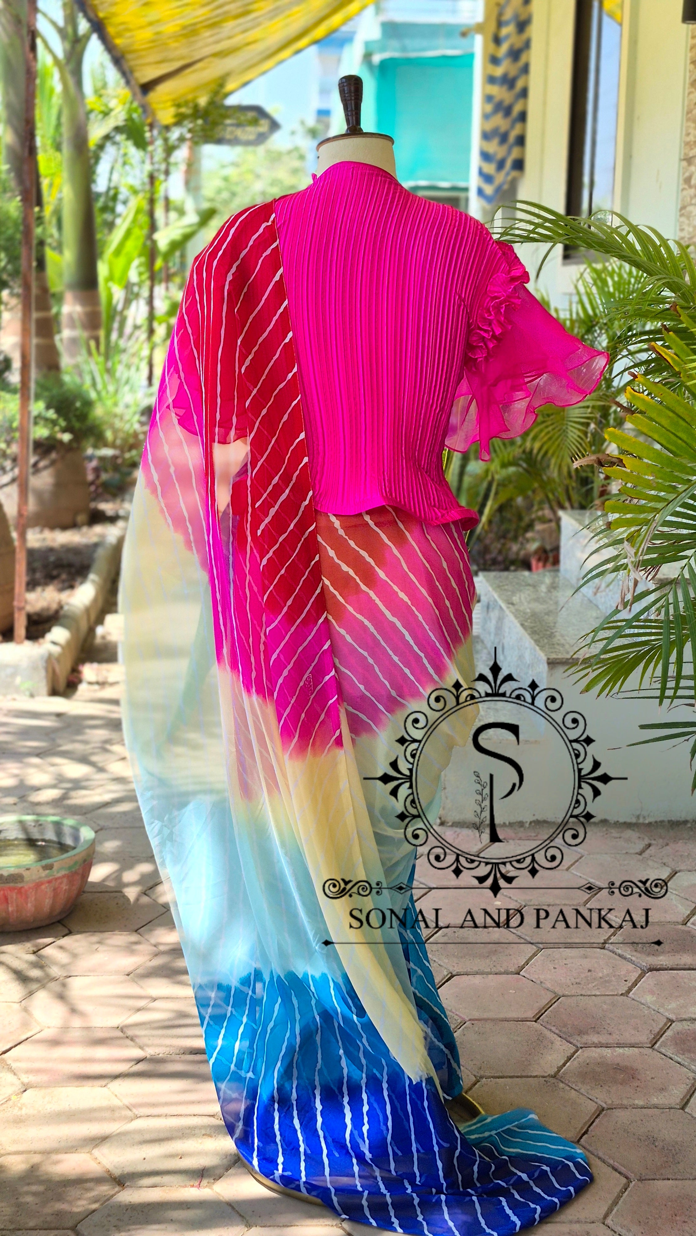 Pleated Rose Stretchable Top With Multicolor Leheriya Print Saree - SA01652