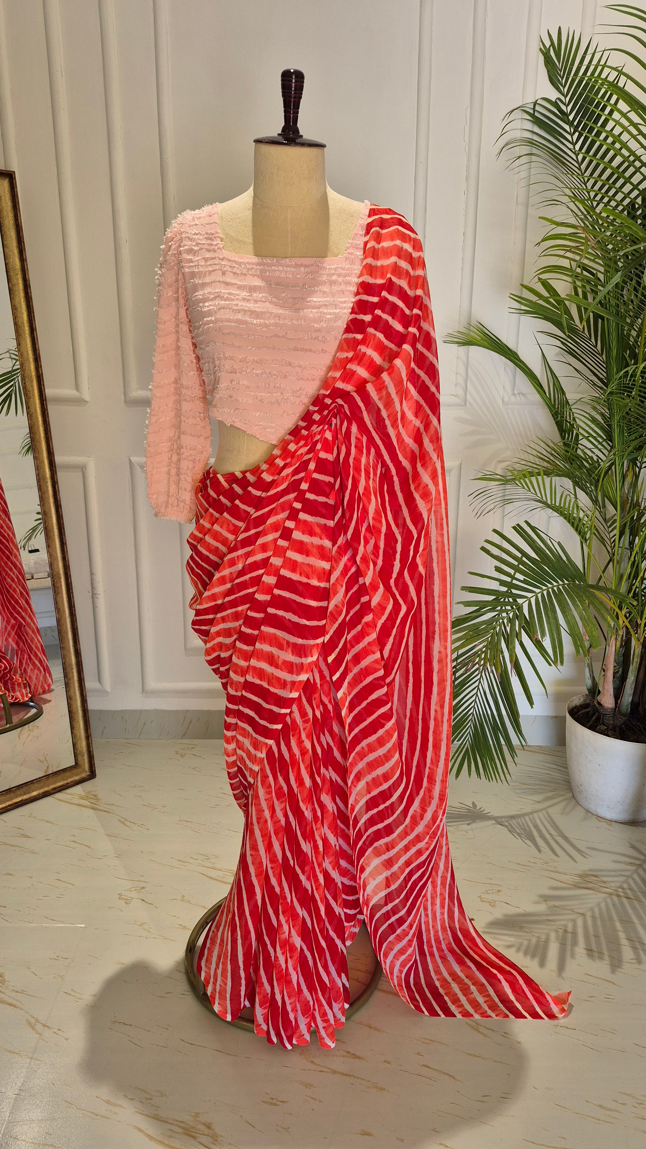 Peach Smocking Top & Shaded Red Leheriya Saree - SA01675