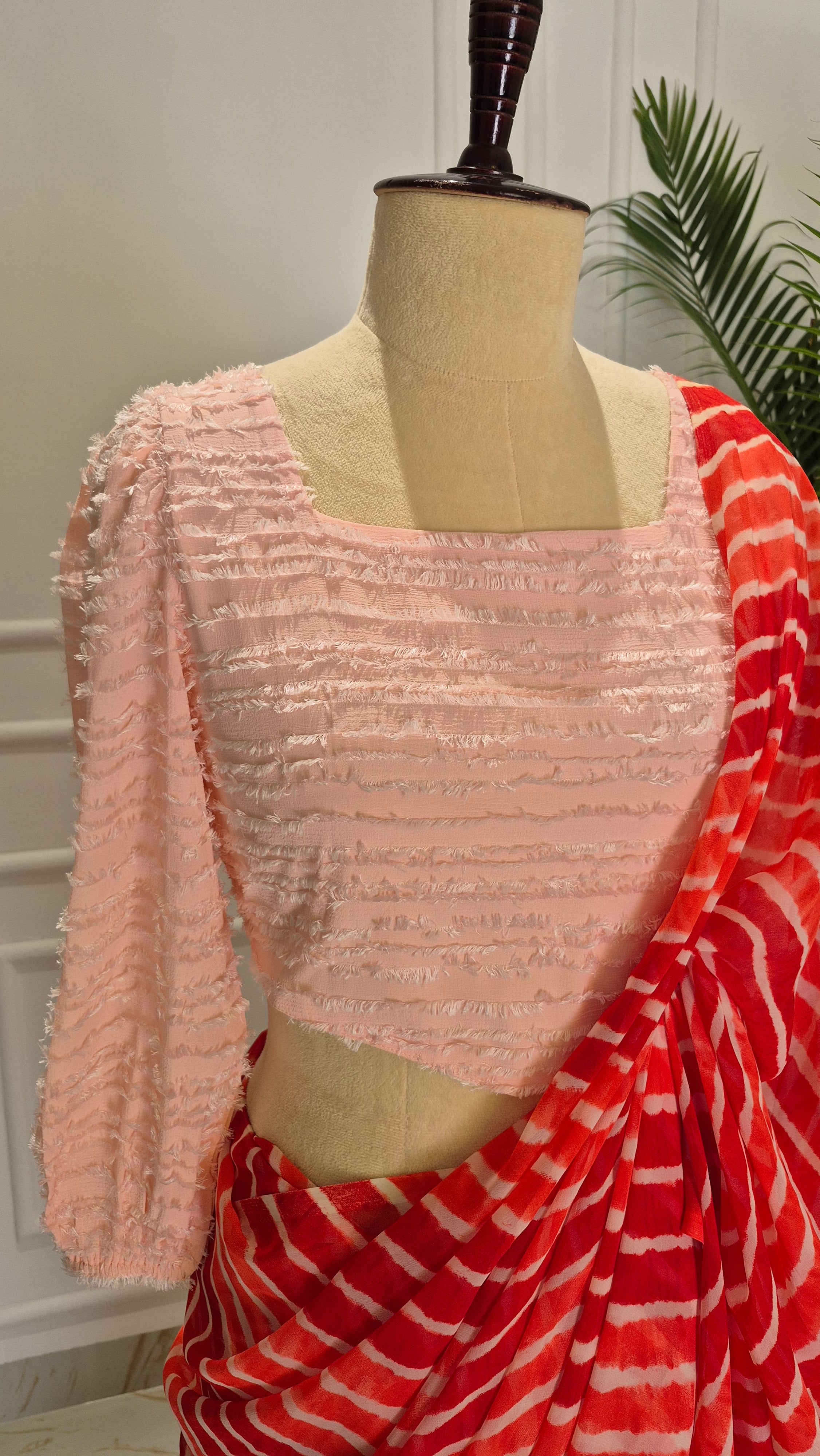 Peach Smocking Top & Shaded Red Leheriya Saree - SA01675