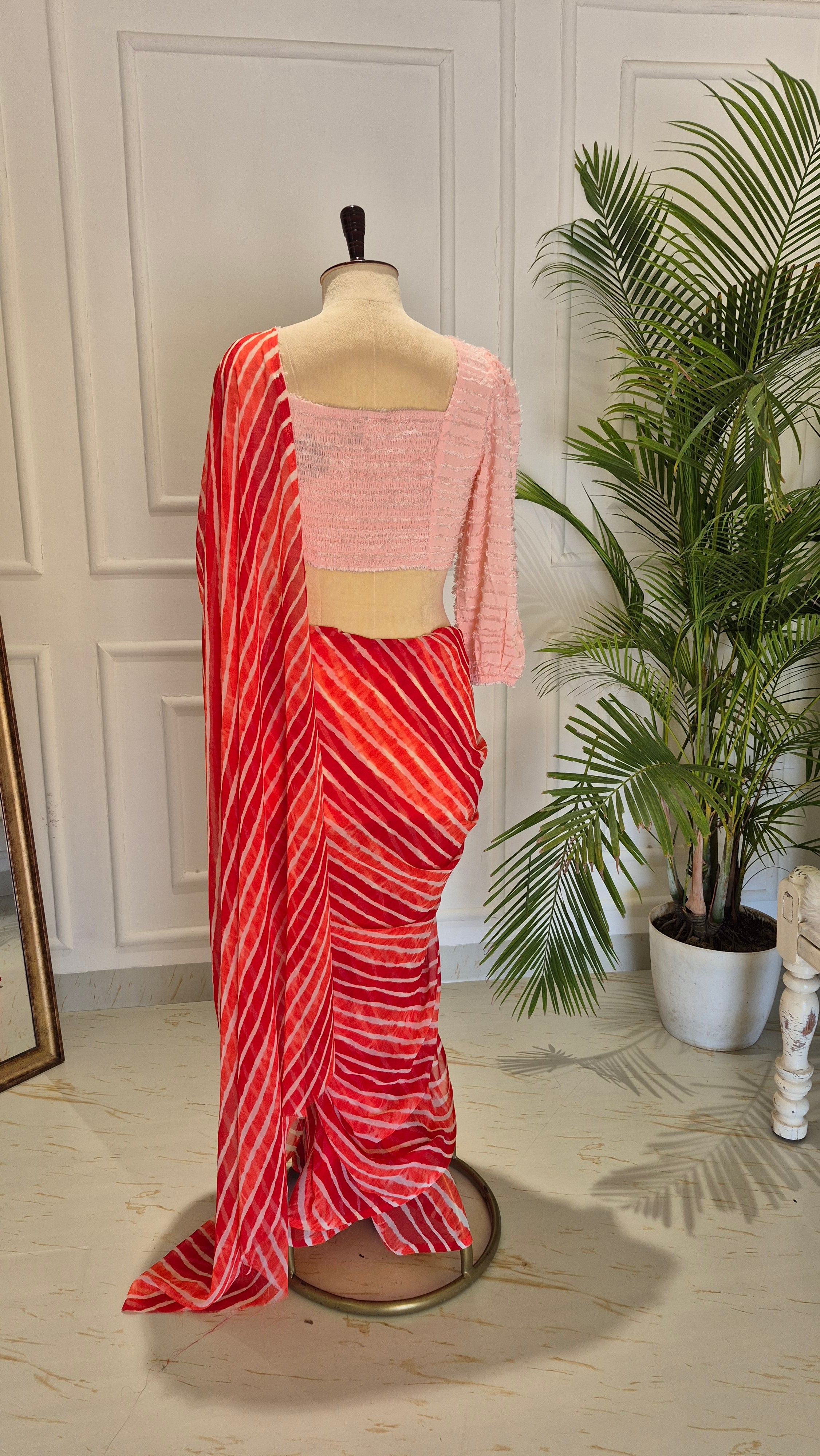 Peach Smocking Top & Shaded Red Leheriya Saree - SA01675