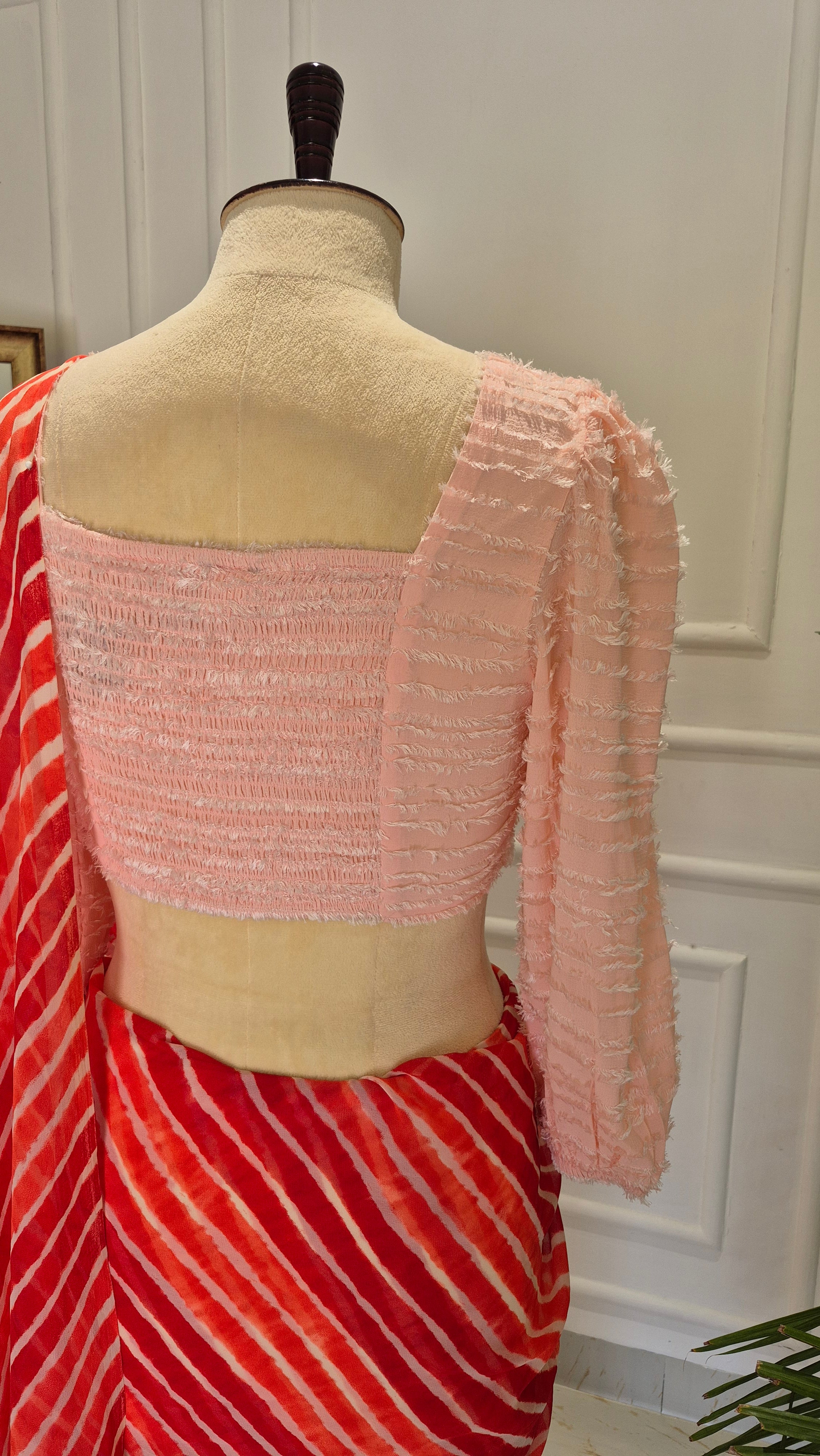Peach Smocking Top & Shaded Red Leheriya Saree - SA01675