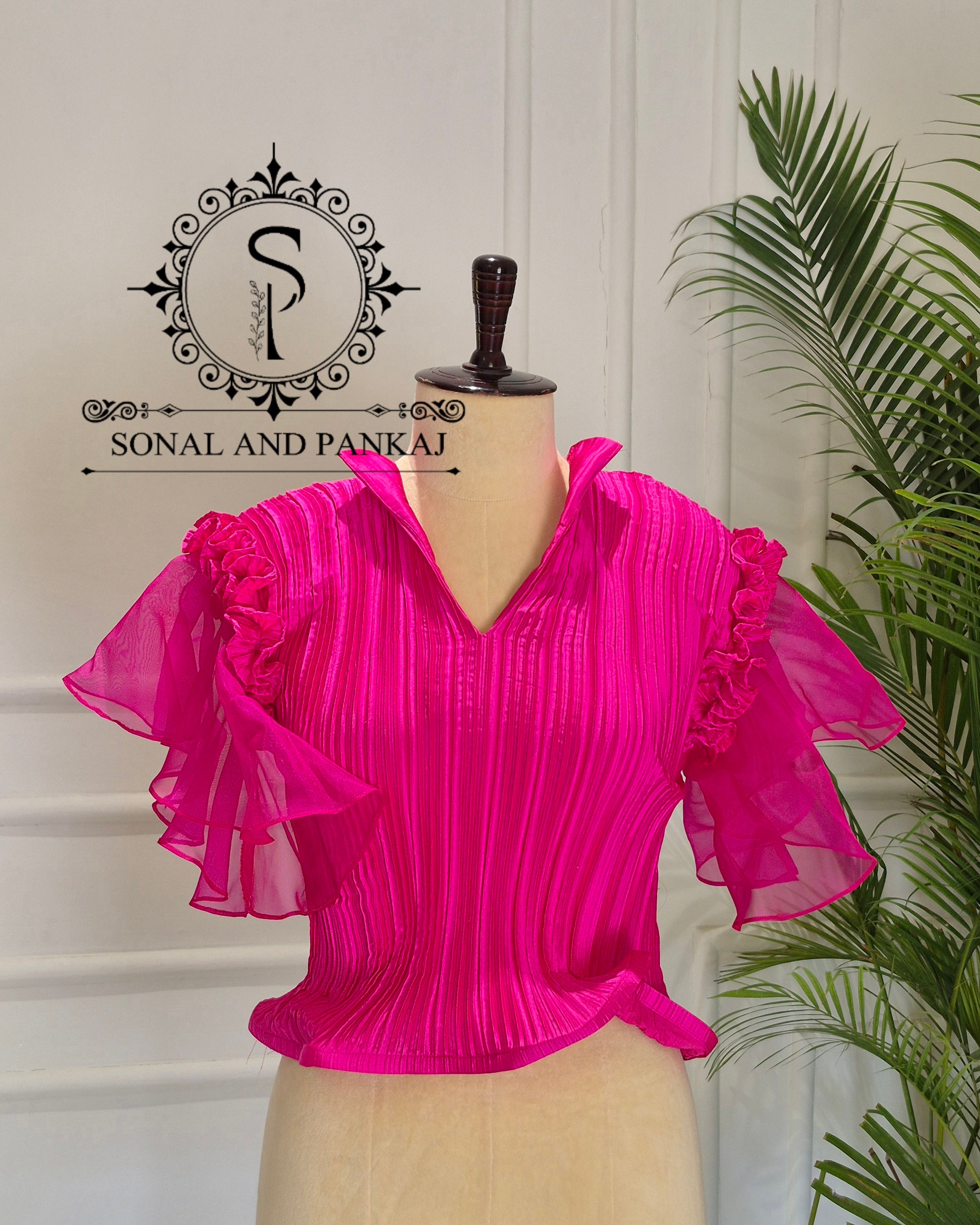 Pleated Rose Stretchable Top - BL01680 (Only Top)