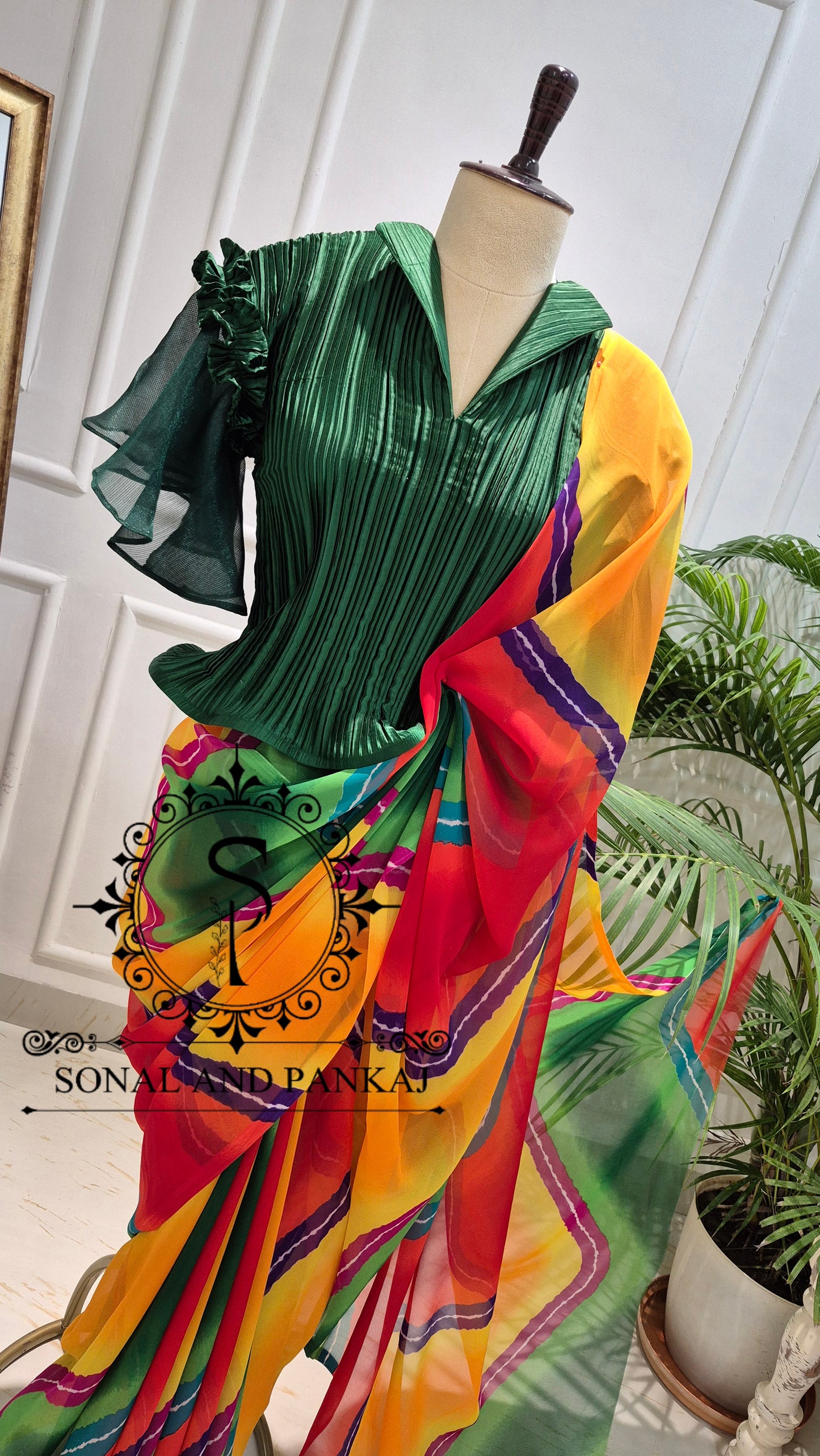 Chemisier à paillettes dorées avec sari prêt à draper - SA00929