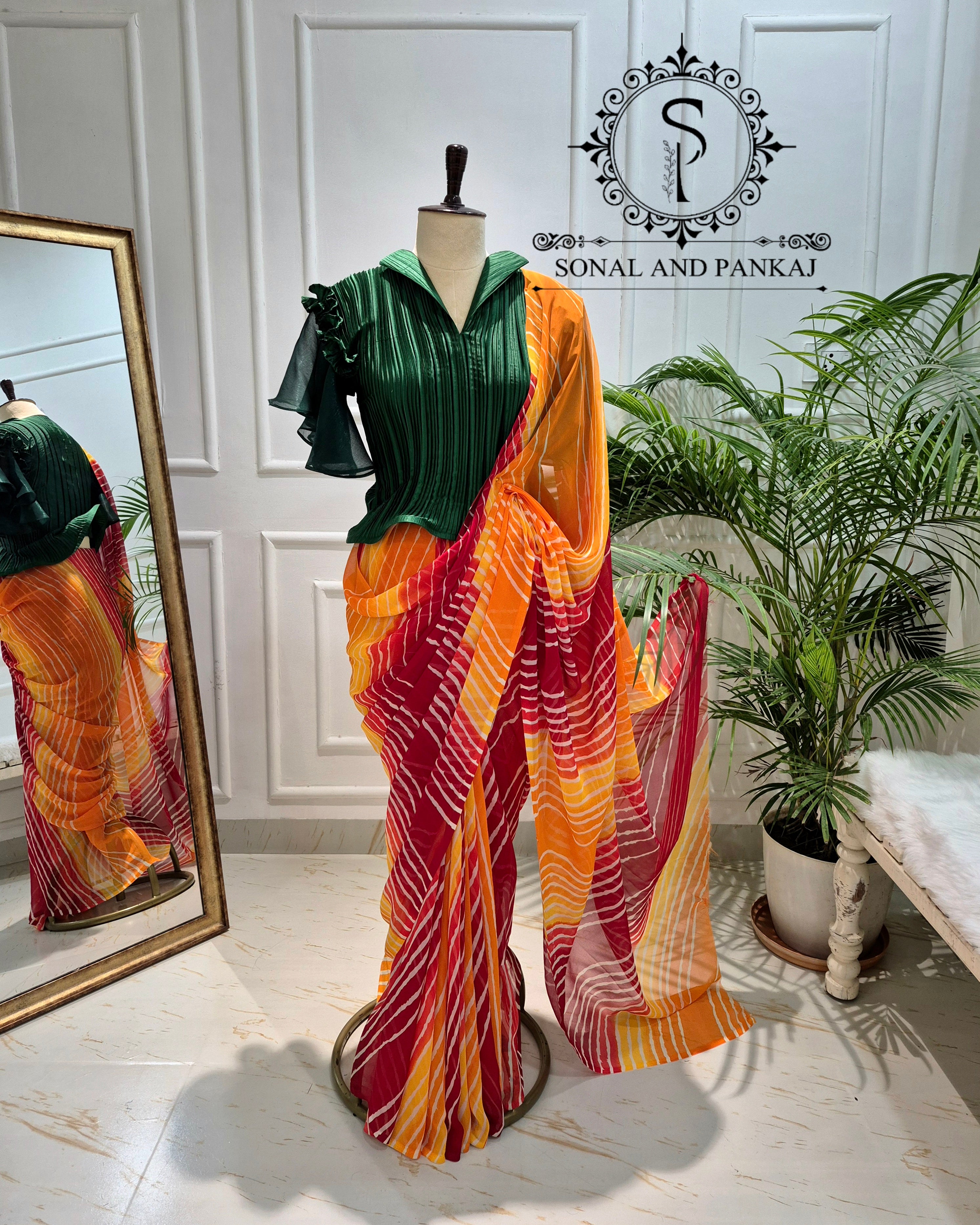 Pleated Petal Stretchable Top With Red & Yellow Leheriya Print Saree - SA01701