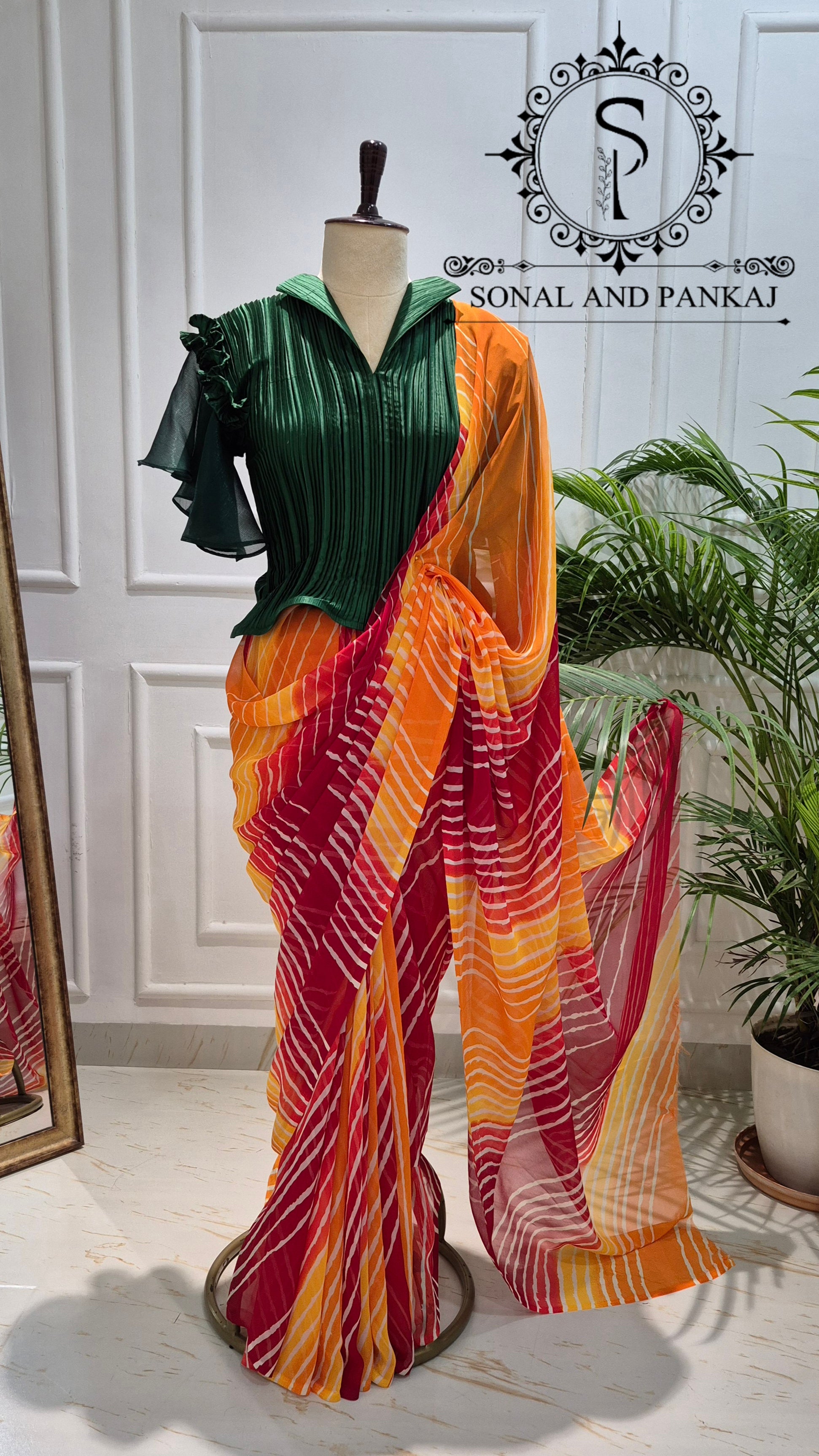 Pleated Petal Stretchable Top With Red & Yellow Leheriya Print Saree - SA01701