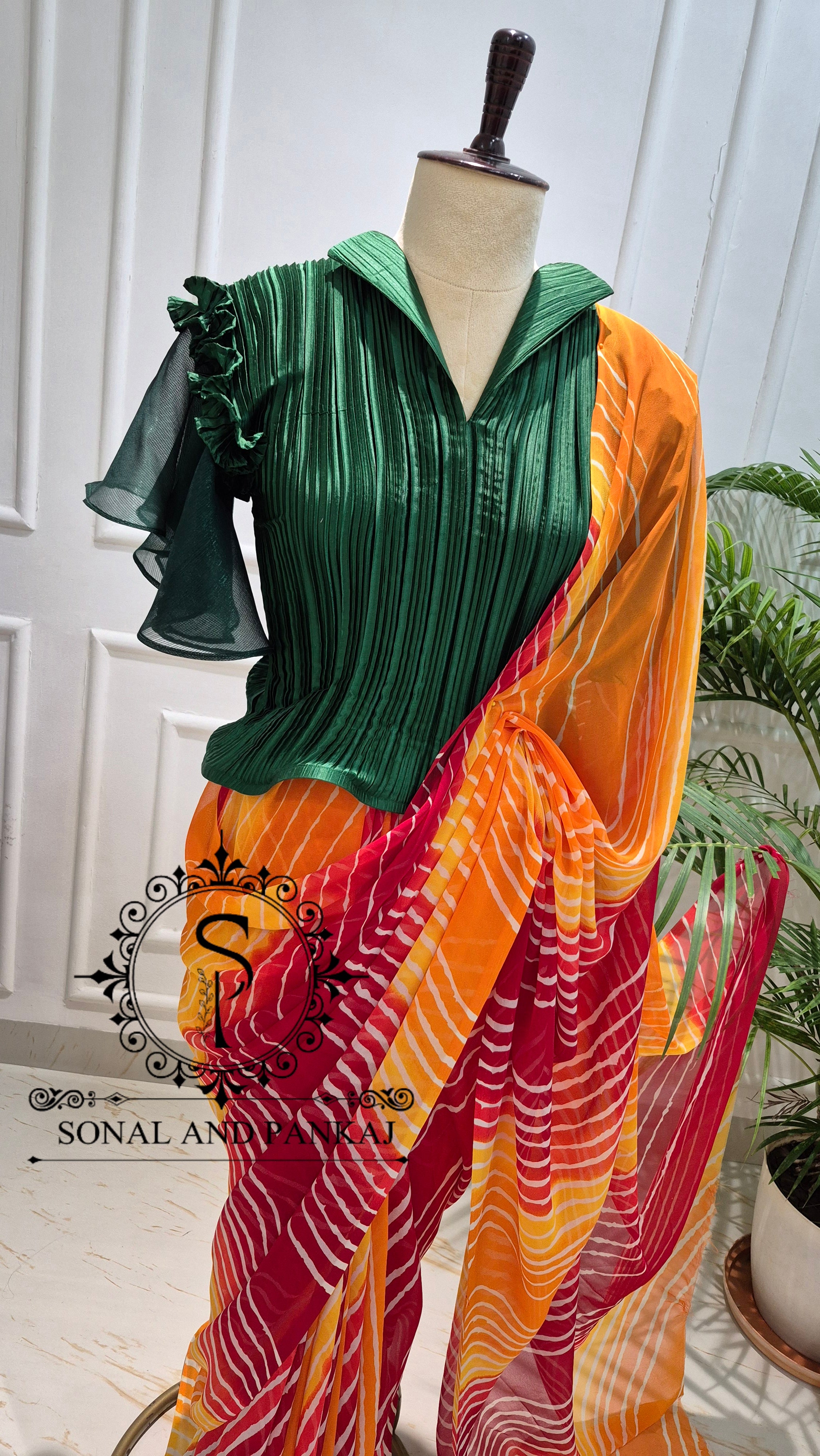 Pleated Petal Stretchable Top With Red & Yellow Leheriya Print Saree - SA01701