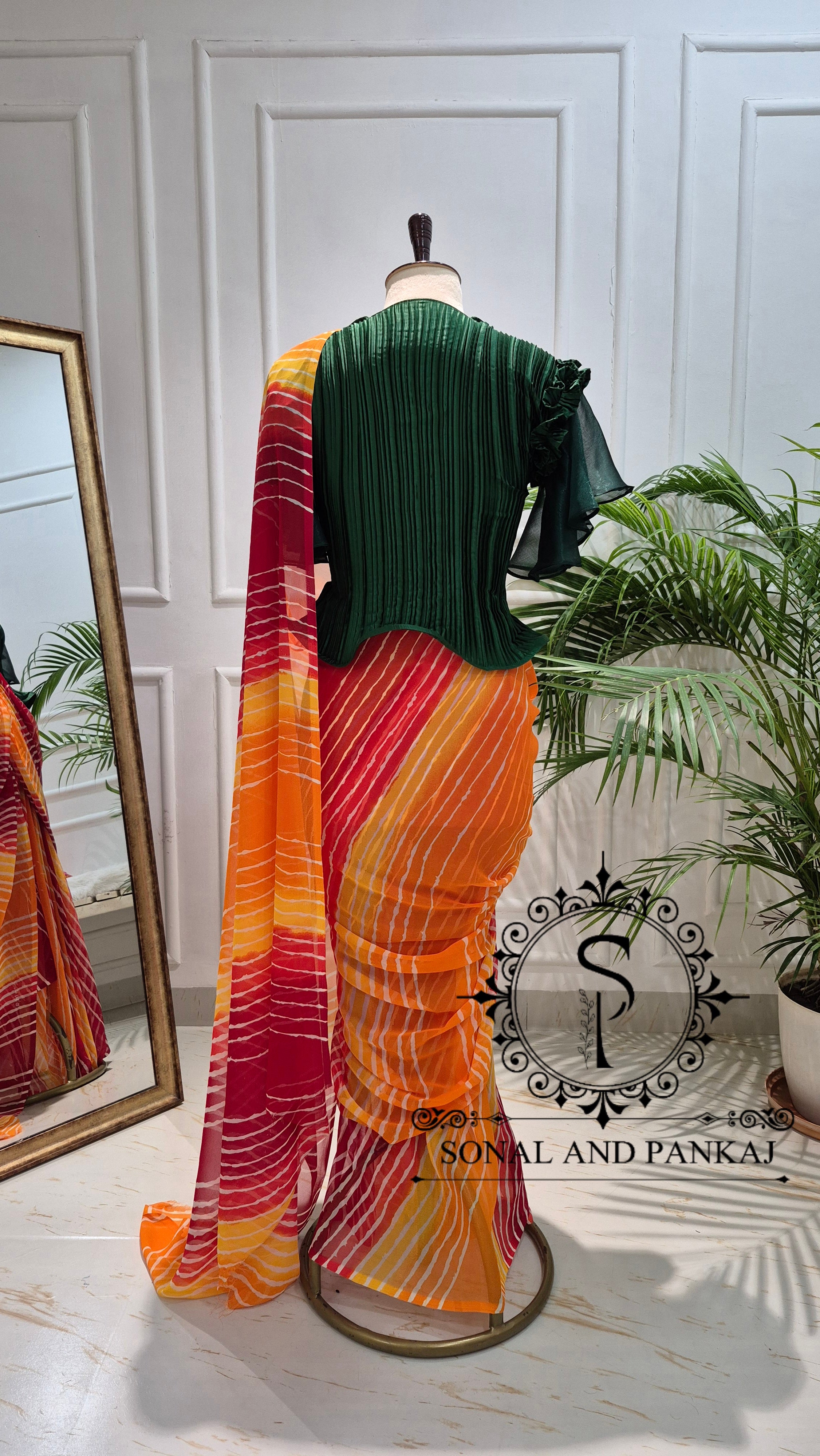 Pleated Petal Stretchable Top With Red & Yellow Leheriya Print Saree - SA01701