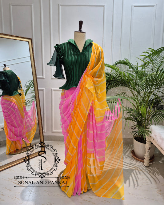 Pleated Petal Stretchable Top With Pink & Yellow Leheriya Print Saree On Sale - SA01700
