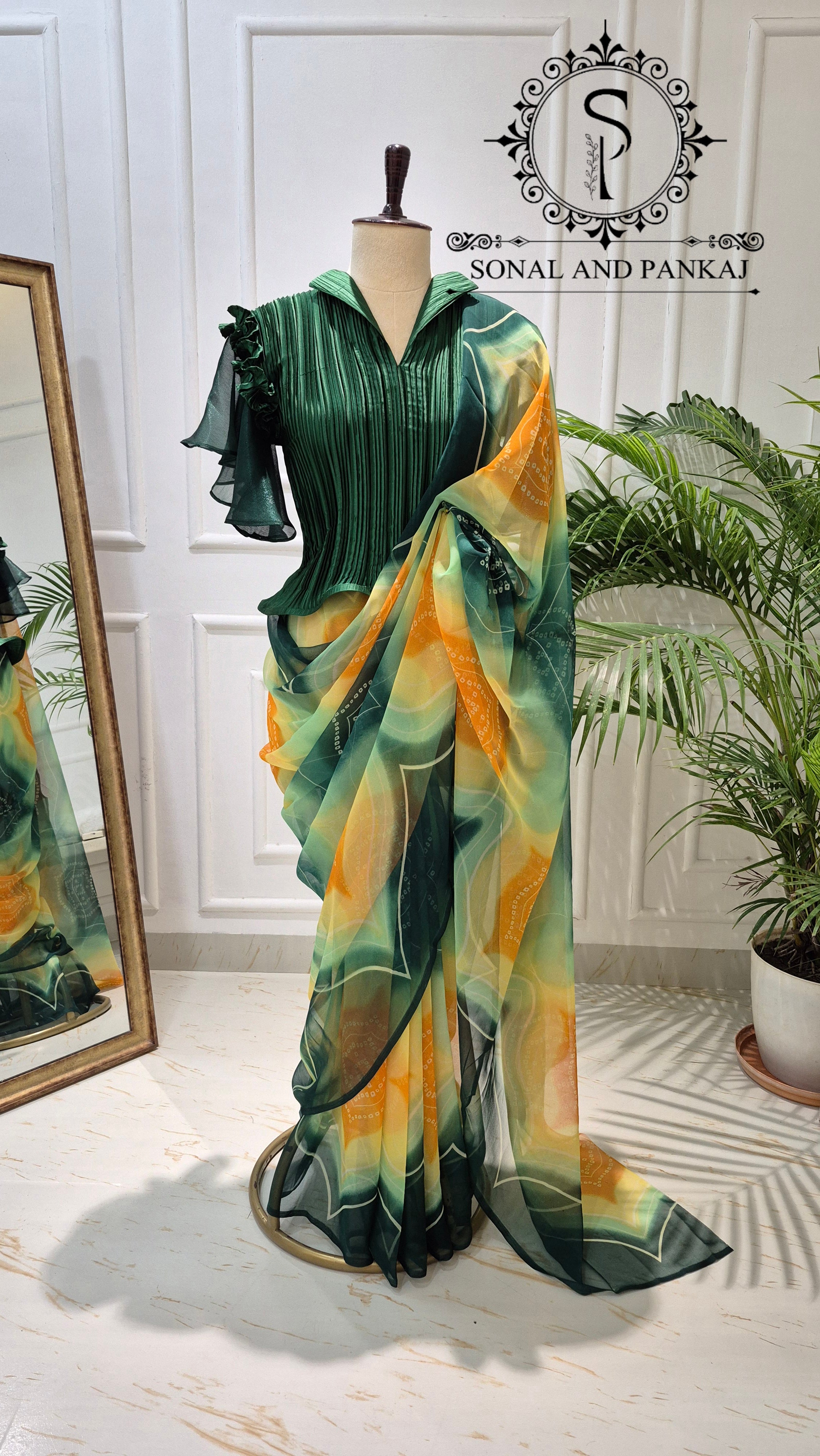 Pleated Petal Stretchable Top With Green & Yellow Bandhani Print Saree - SA01703