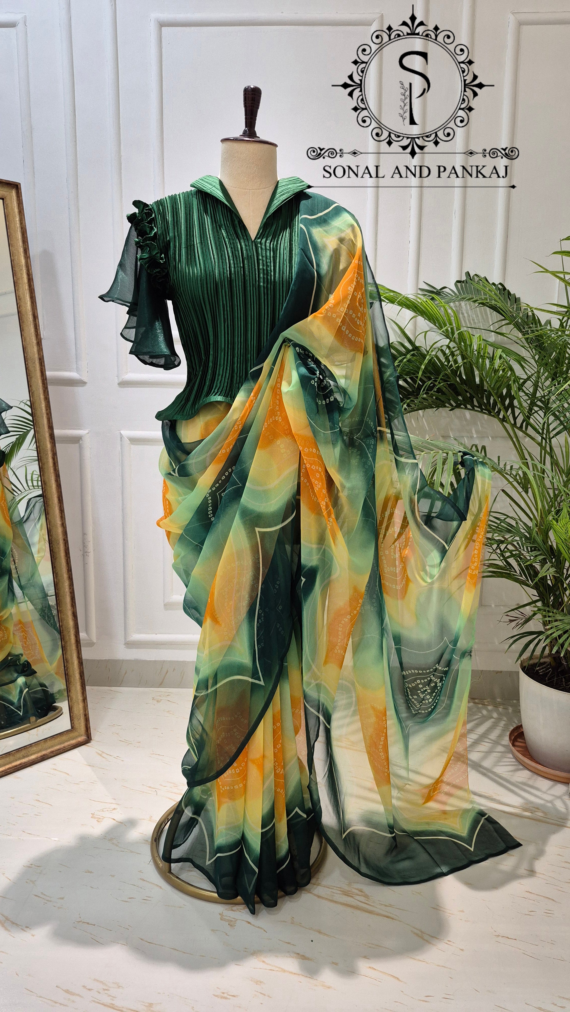 Pleated Petal Stretchable Top With Green & Yellow Bandhani Print Saree - SA01703