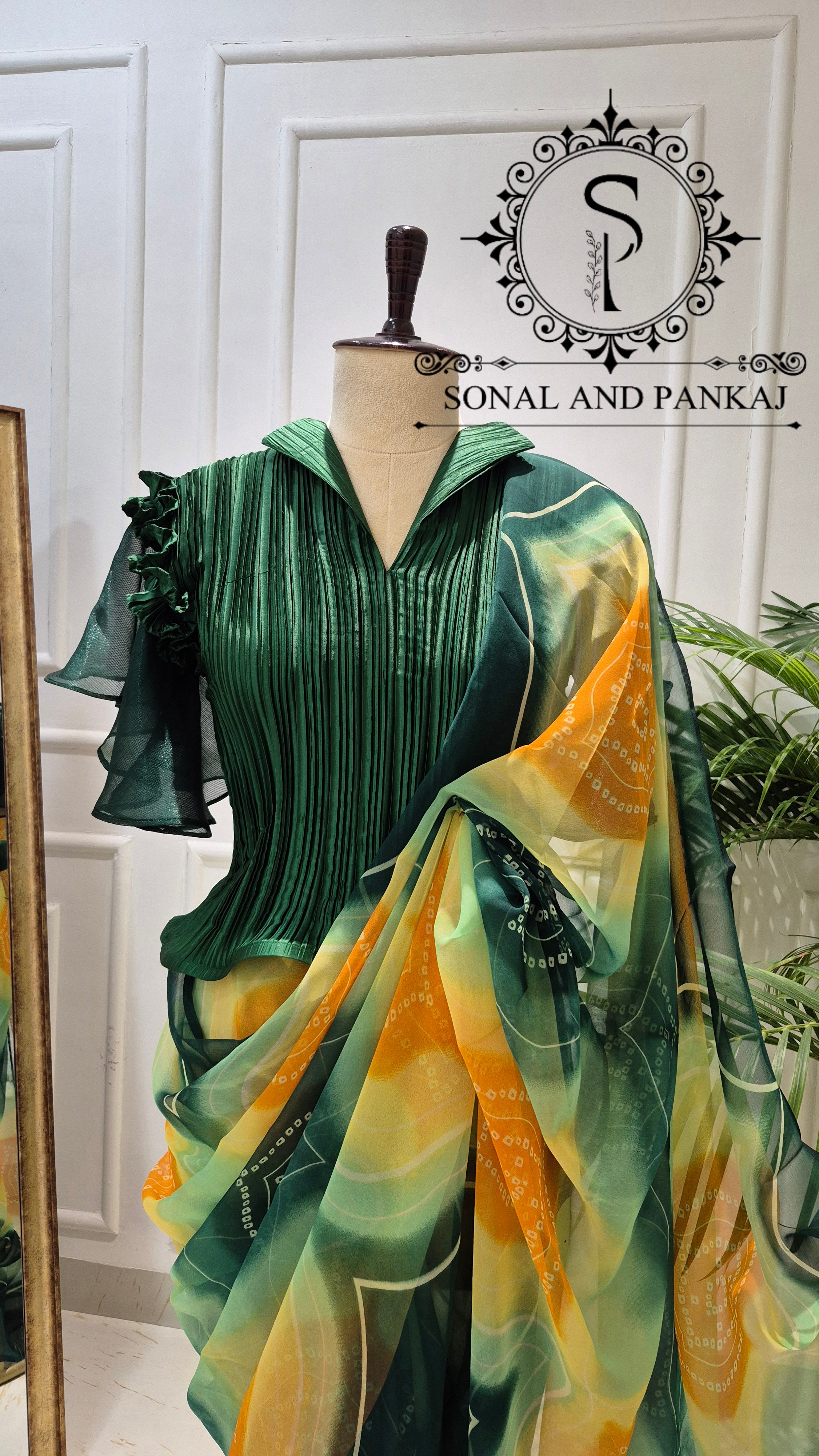 Pleated Petal Stretchable Top With Green & Yellow Bandhani Print Saree - SA01703