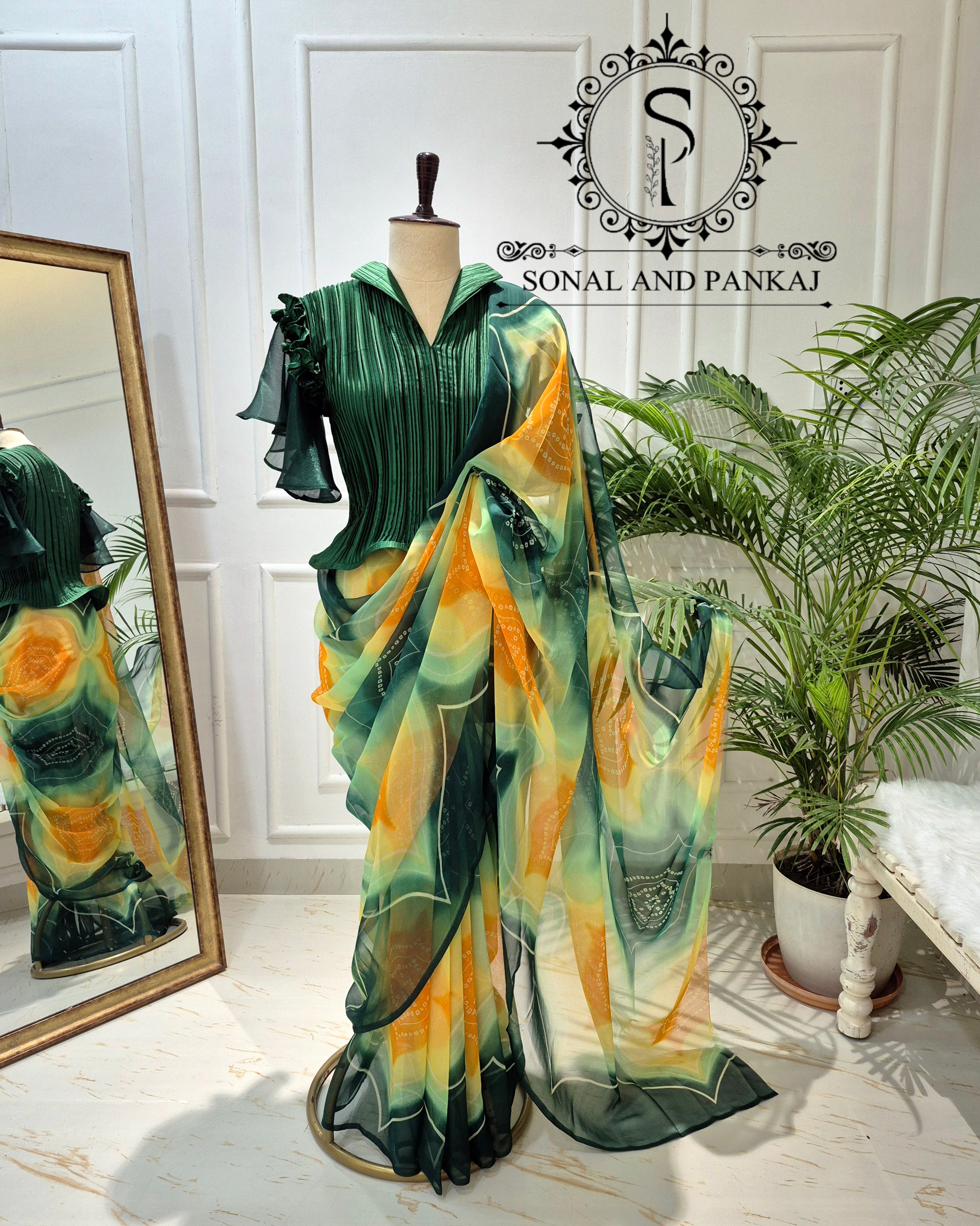 Pleated Petal Stretchable Top With Green & Yellow Bandhani Print Saree - SA01703