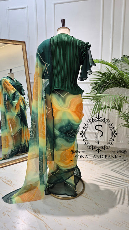 Pleated Petal Stretchable Top With Green & Yellow Bandhani Print Saree On Sale - SA01703