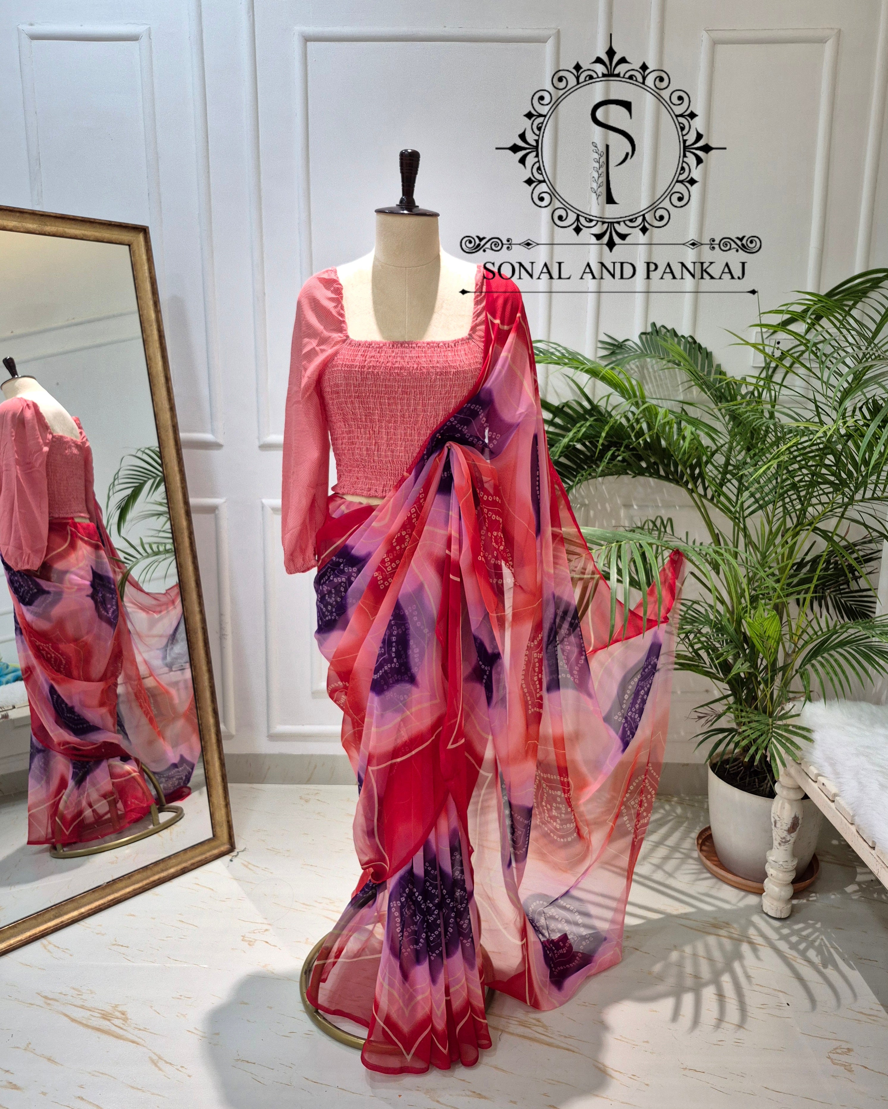 Red Checkered Print Smocking Top & Multicolor Bandhani Saree - SA01704