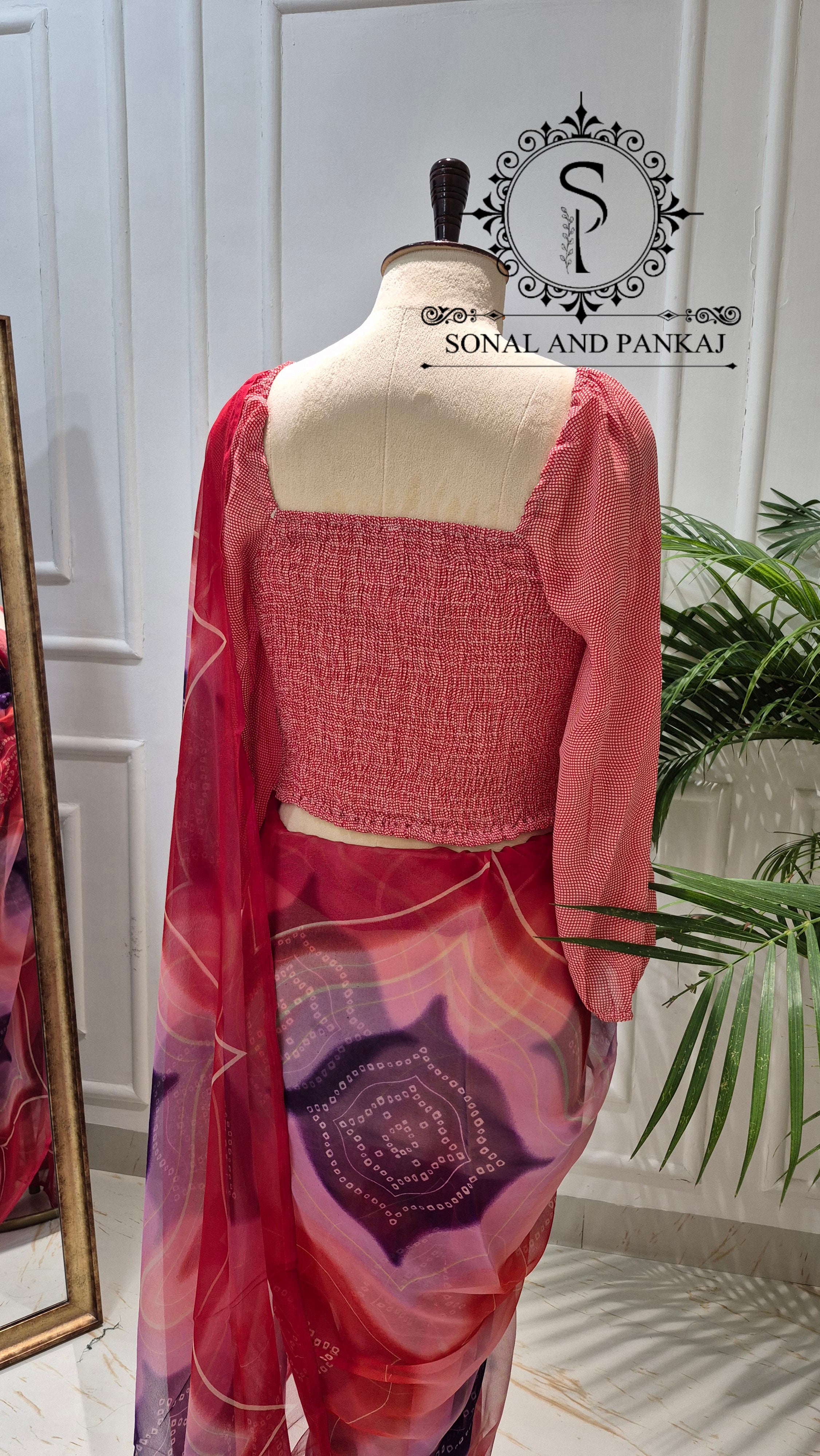 Red Checkered Print Smocking Top & Multicolor Bandhani Saree - SA01704