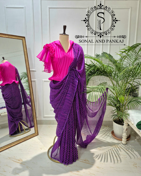 Pleated Rose Stretchable Top With Pink & Purple Leheriya Print Saree On Sale - SA01705