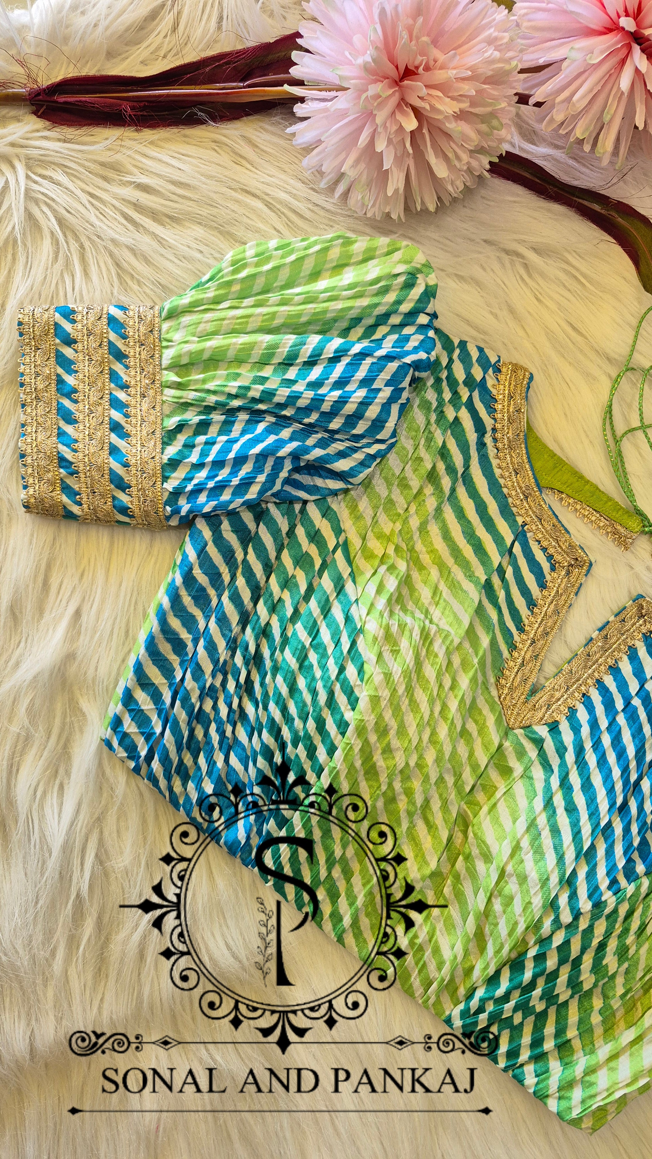 Designer Leheriya Blue & Green Puffed Sleeves Blouse - BL01708
