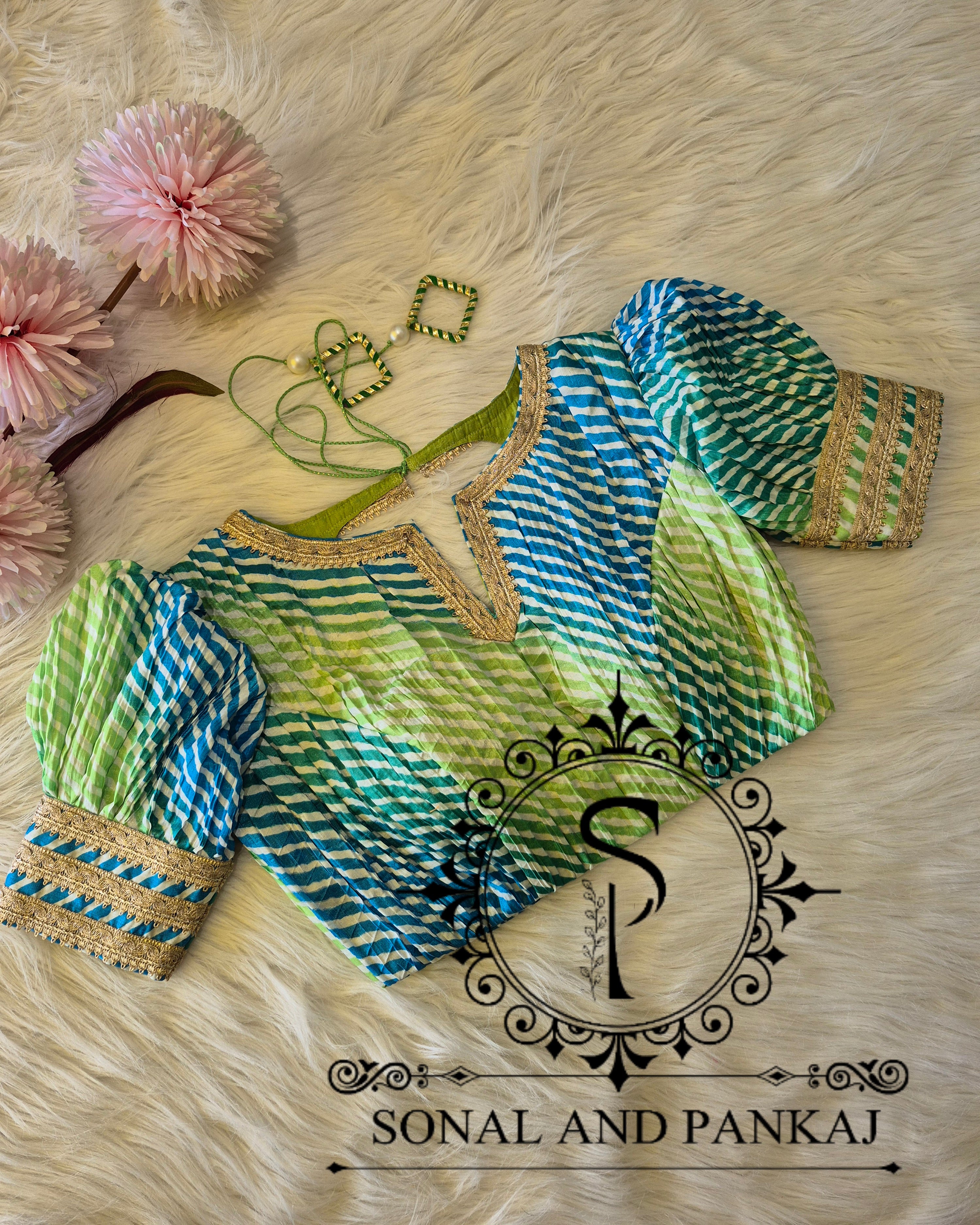 Designer Leheriya Blue & Green Puffed Sleeves Blouse - BL01708