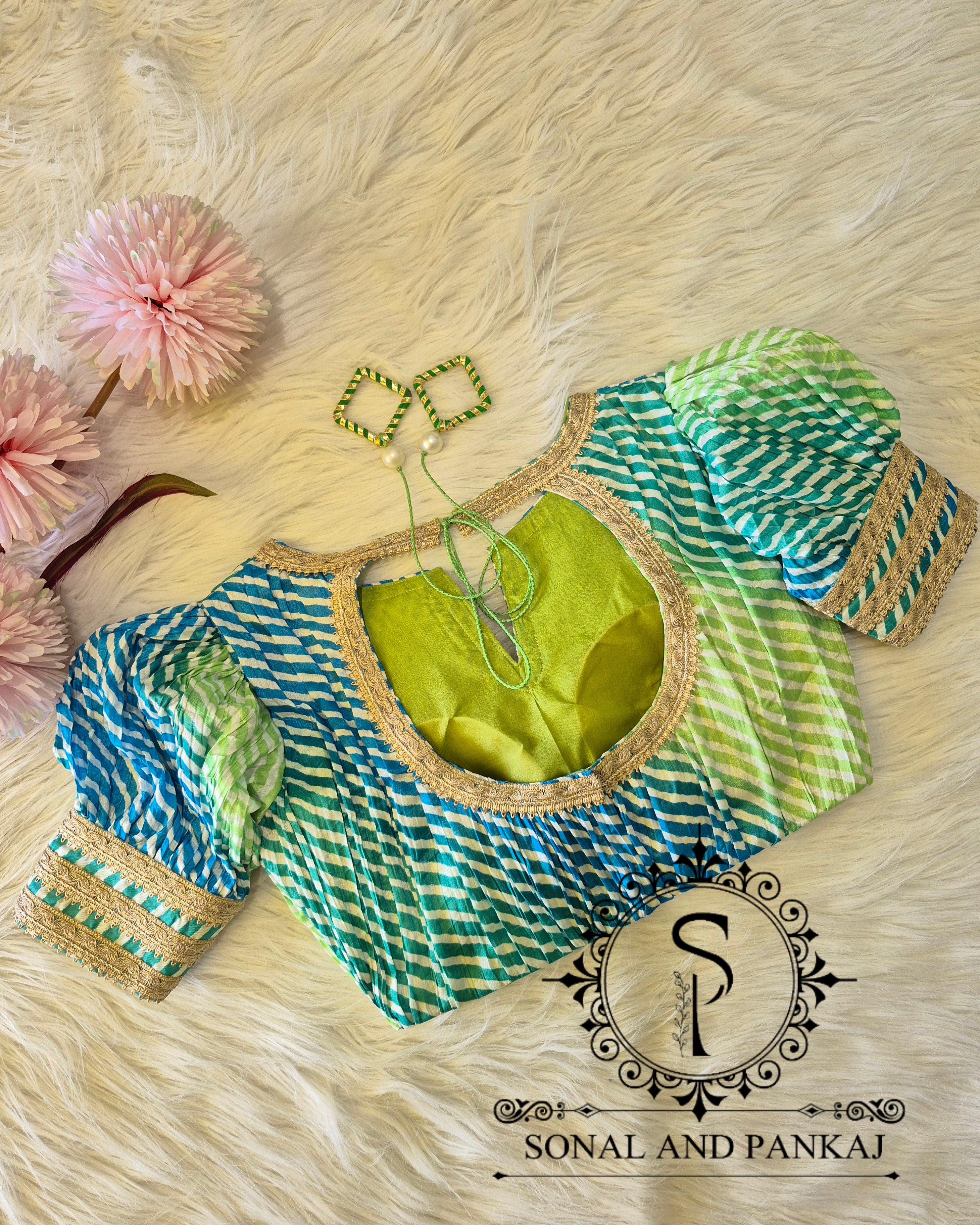 Designer Leheriya Blue & Green Puffed Sleeves Blouse - BL01708