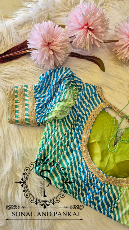 Designer Leheriya Blue & Green Puffed Sleeves Blouse - BL01708