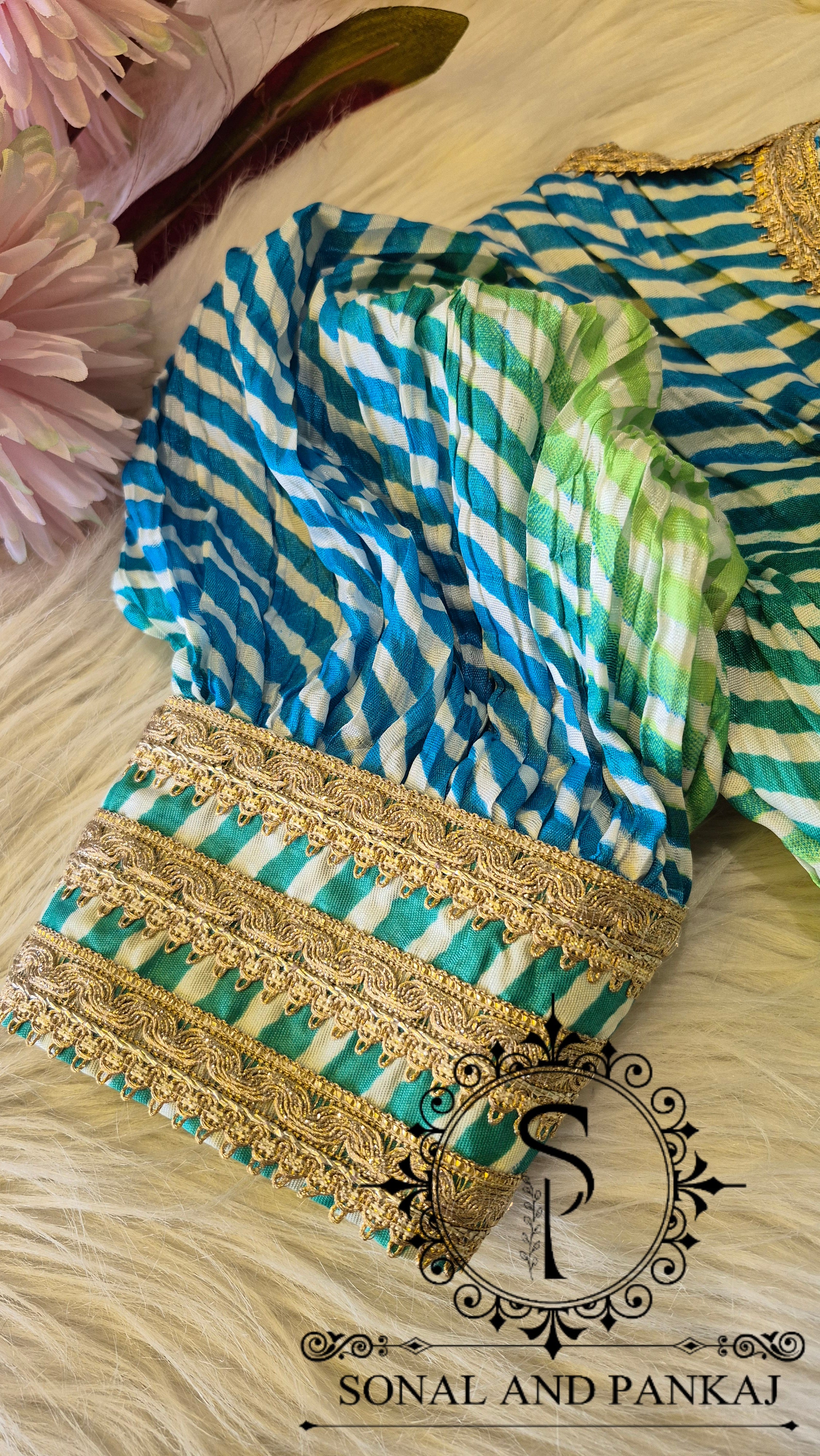 Designer Leheriya Blue & Green Puffed Sleeves Blouse - BL01708
