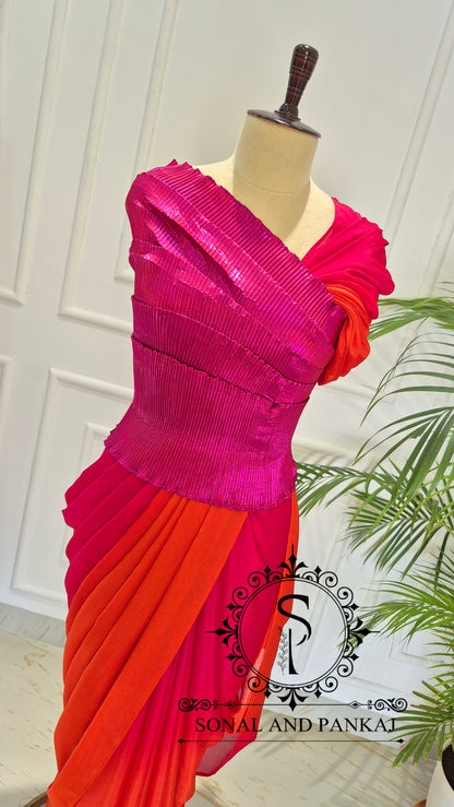 Desi Girl Vibe - Raspberry Sunset Sorbet Pre-pleated Saree - SA01714