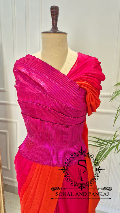 Desi Girl Vibe - Raspberry Sunset Sorbet Pre-pleated Saree - SA01714