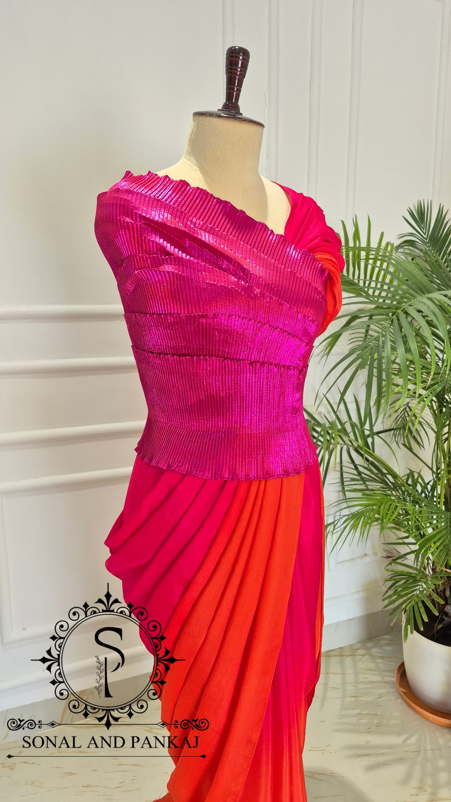 Desi Girl Vibe - Raspberry Sunset Sorbet Pre-pleated Saree - SA01714