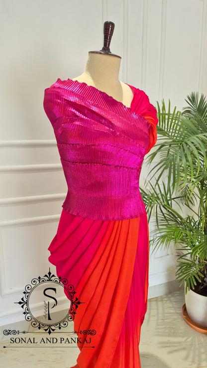 Desi Girl Vibe - Raspberry Sunset Sorbet Pre-pleated Saree - SA01714