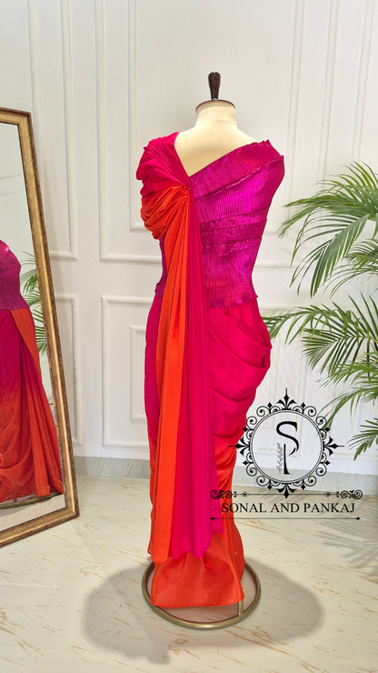 Desi Girl Vibe - Raspberry Sunset Sorbet Pre-pleated Saree - SA01714