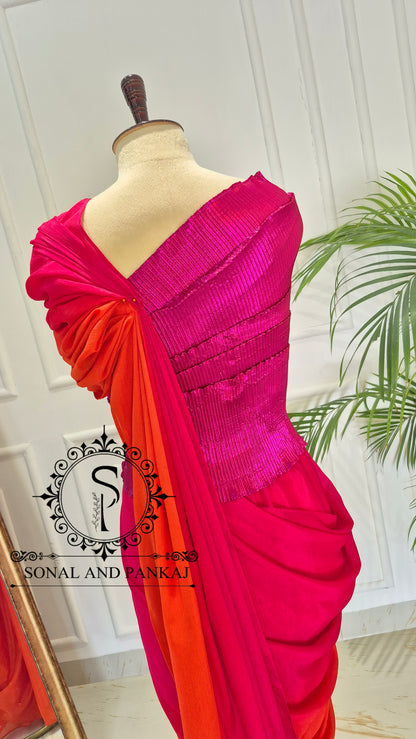 Desi Girl Vibe - Raspberry Sunset Sorbet Pre-pleated Saree - SA01714