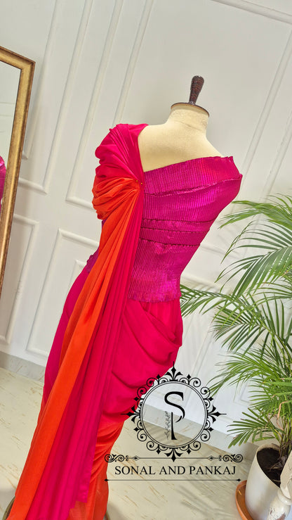 Desi Girl Vibe - Raspberry Sunset Sorbet Pre-pleated Saree - SA01714