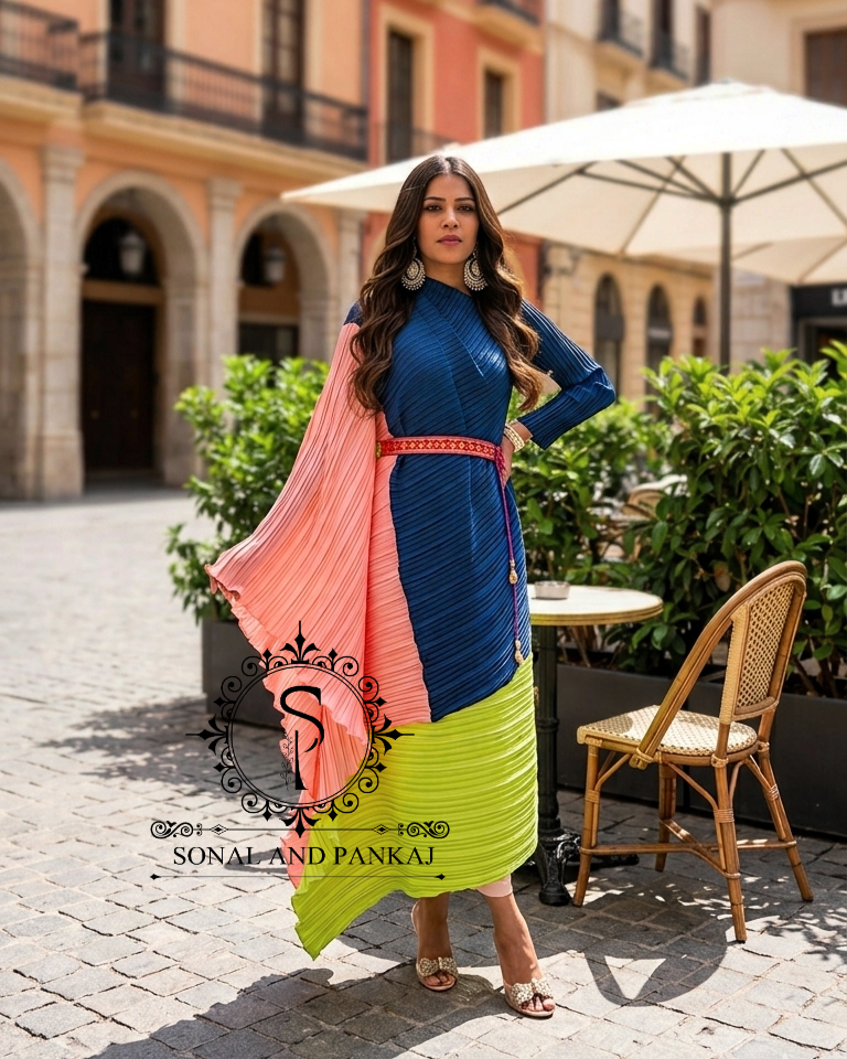 Peacock Blue Color Block Crushed Resort Wear Kaftan - RW01728